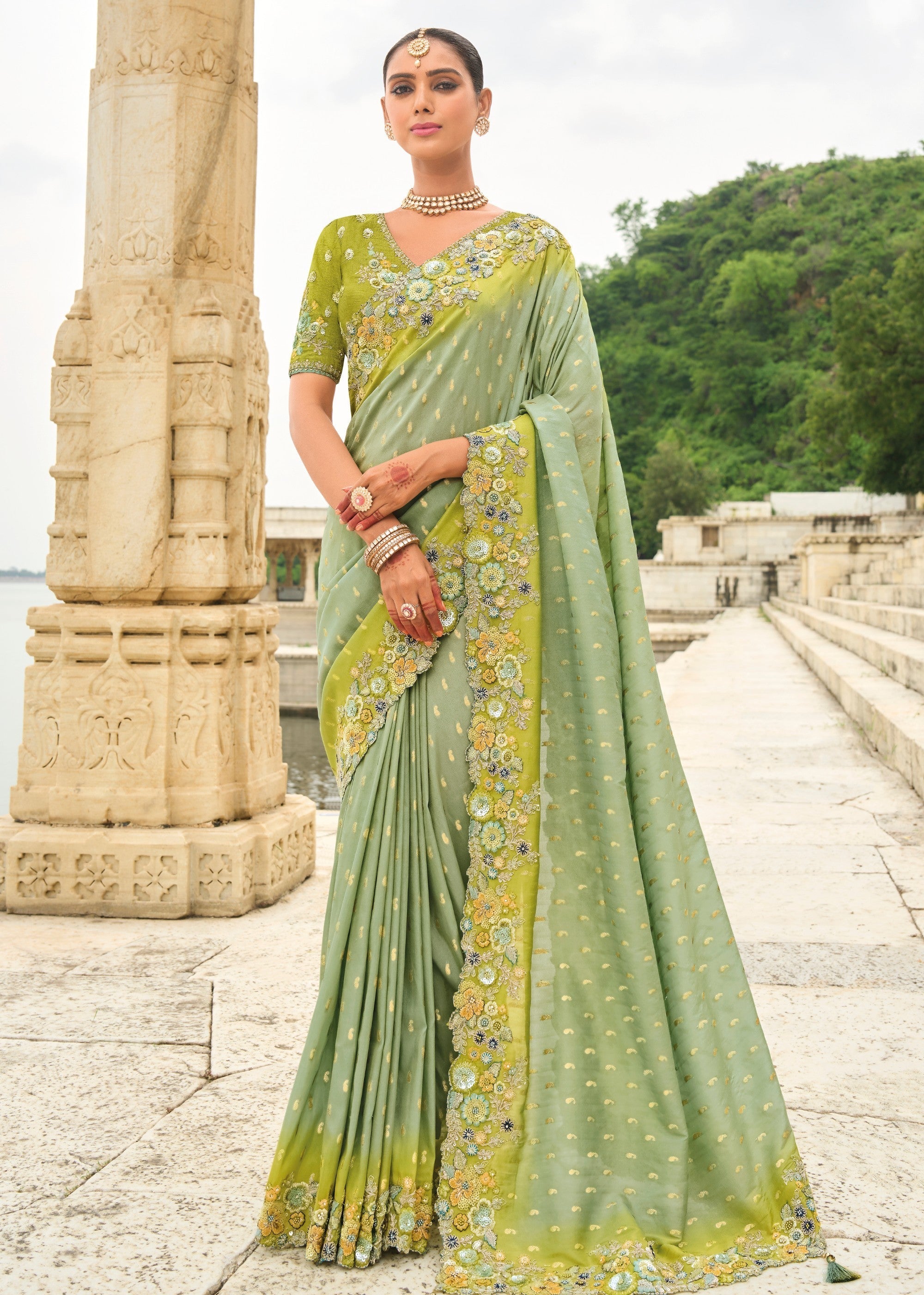 Pistachio Green Viscose Tissue Silk Saree With Embroidery Cut Work Border And Sequence Work - qivii