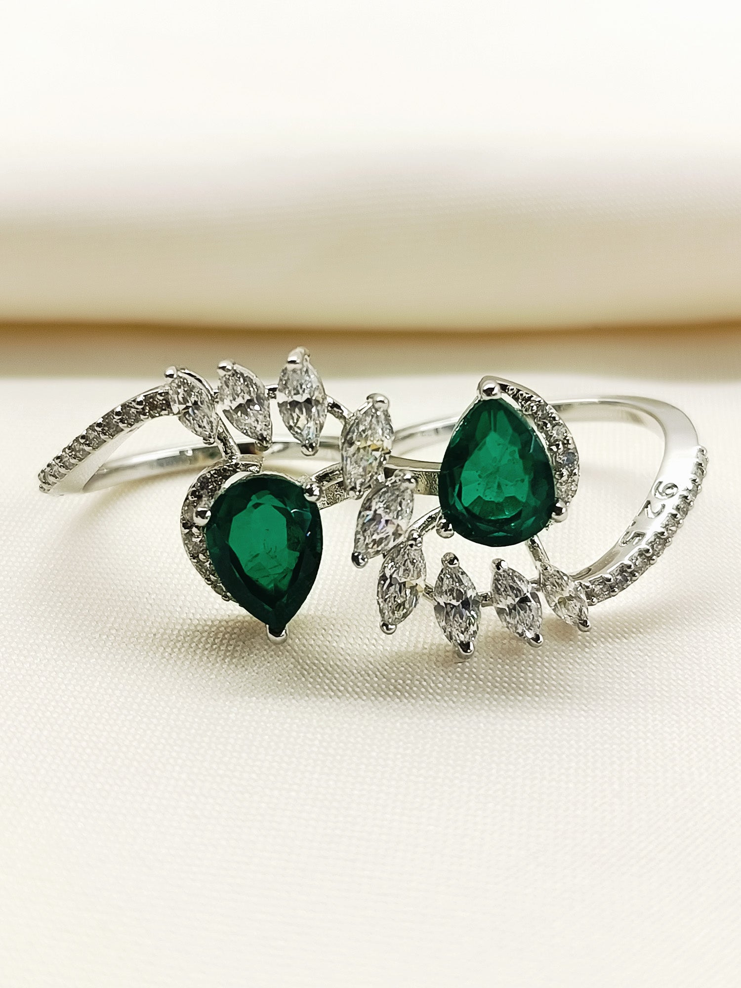 Estelle Green 92.5 Silver American Diamond Double Finger Ring - qivii