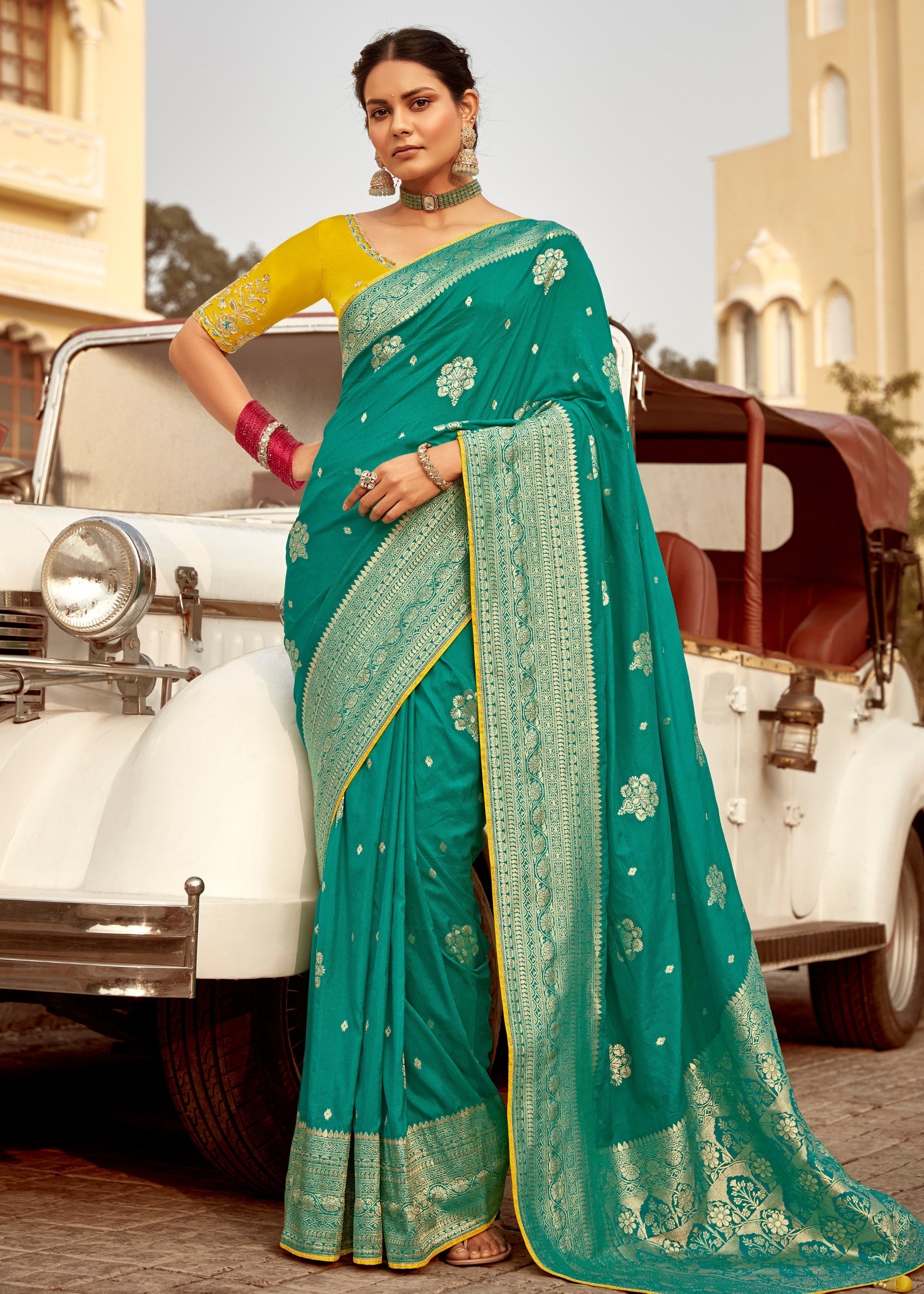 Jade Green Dola Silk Saree Embellished With Weaving Work And Heavy Embroidered Blouse - qivii