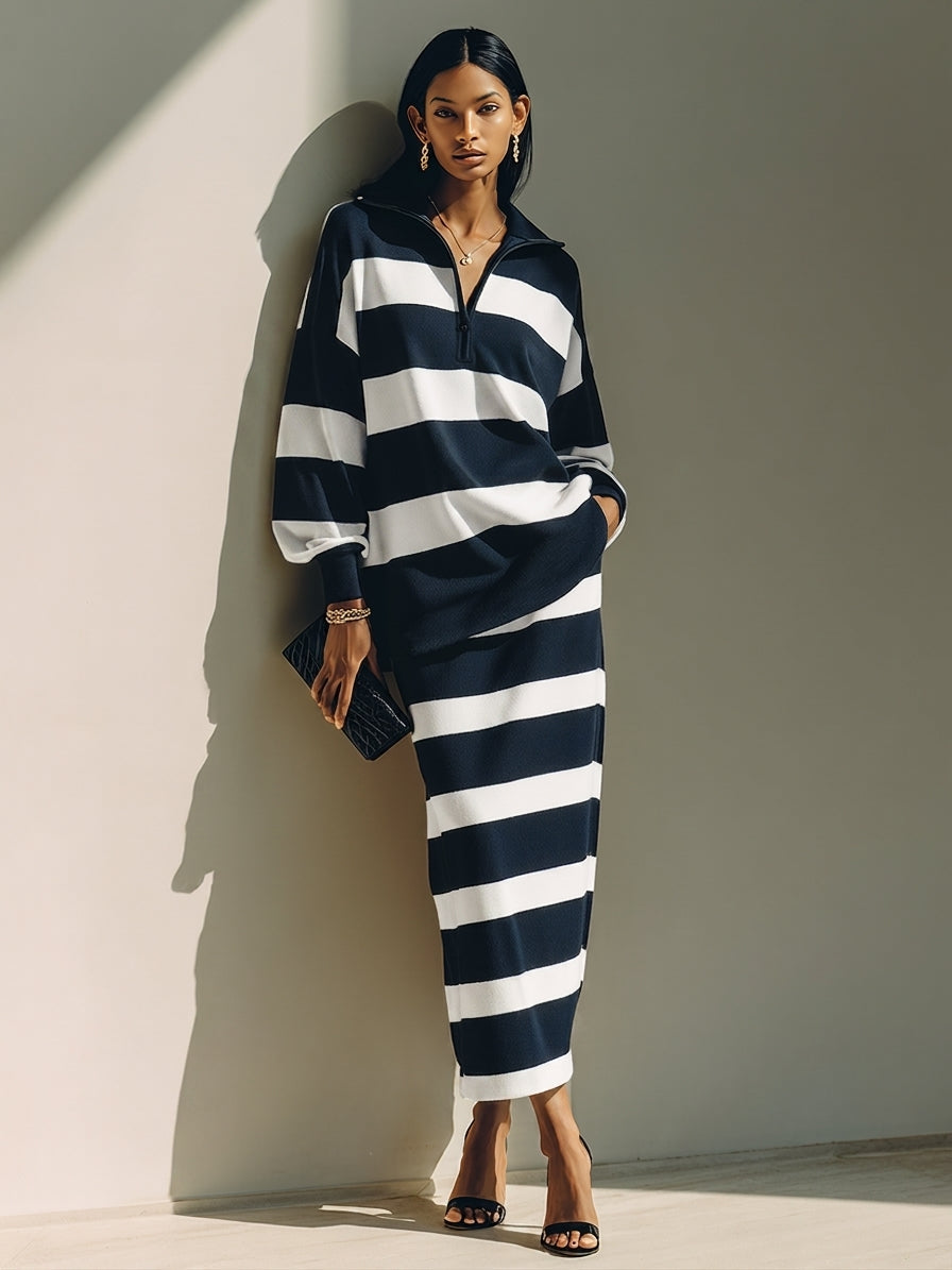 Women's Color-Block Striped Cotton-Blend Half-Zip Top & Midi Skirt Two-Piece Set MDZ2903G5ZRK