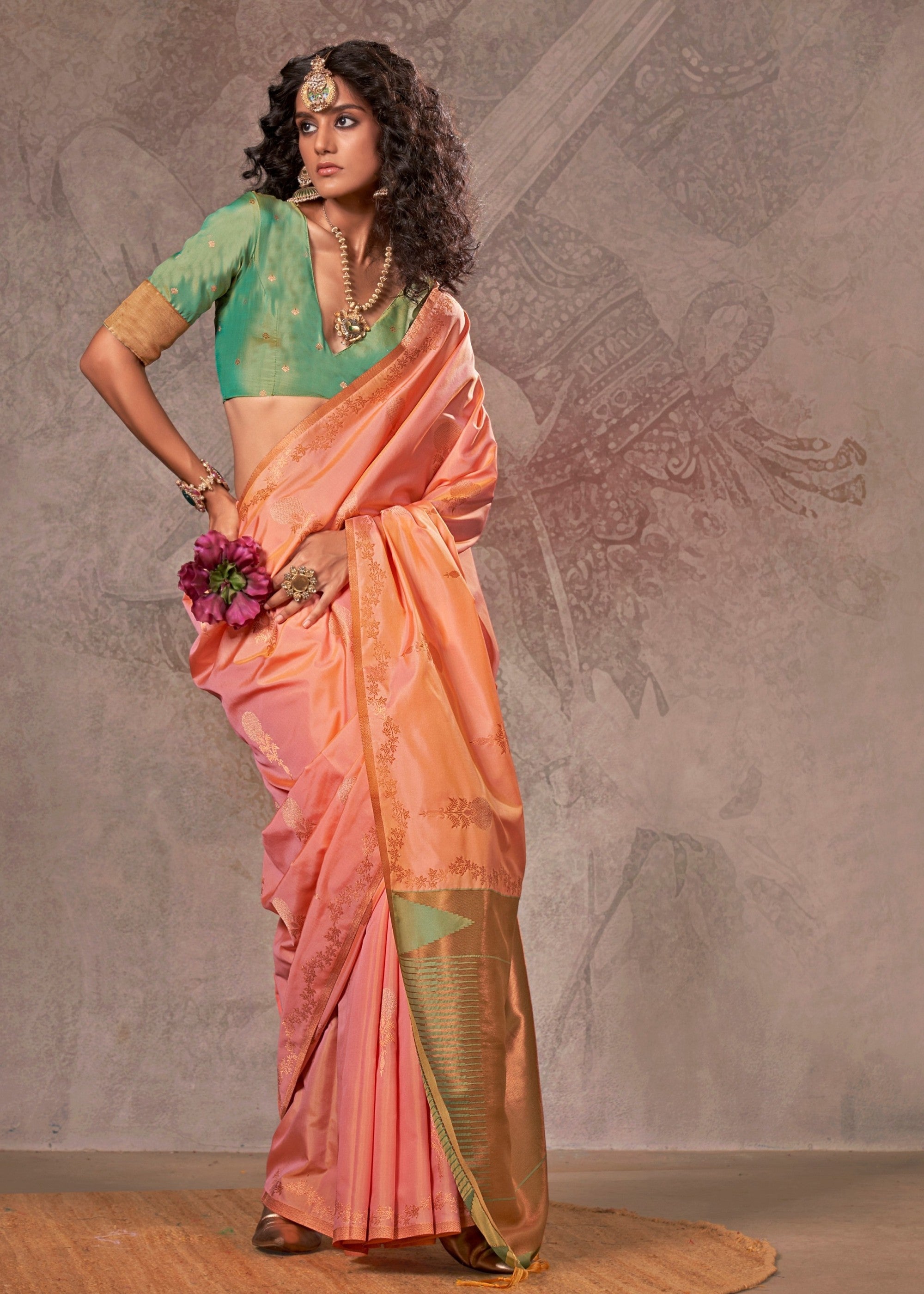 Pink Orange Two Tone Handloom Weaving Silk Saree with Contrast Pallu - qivii