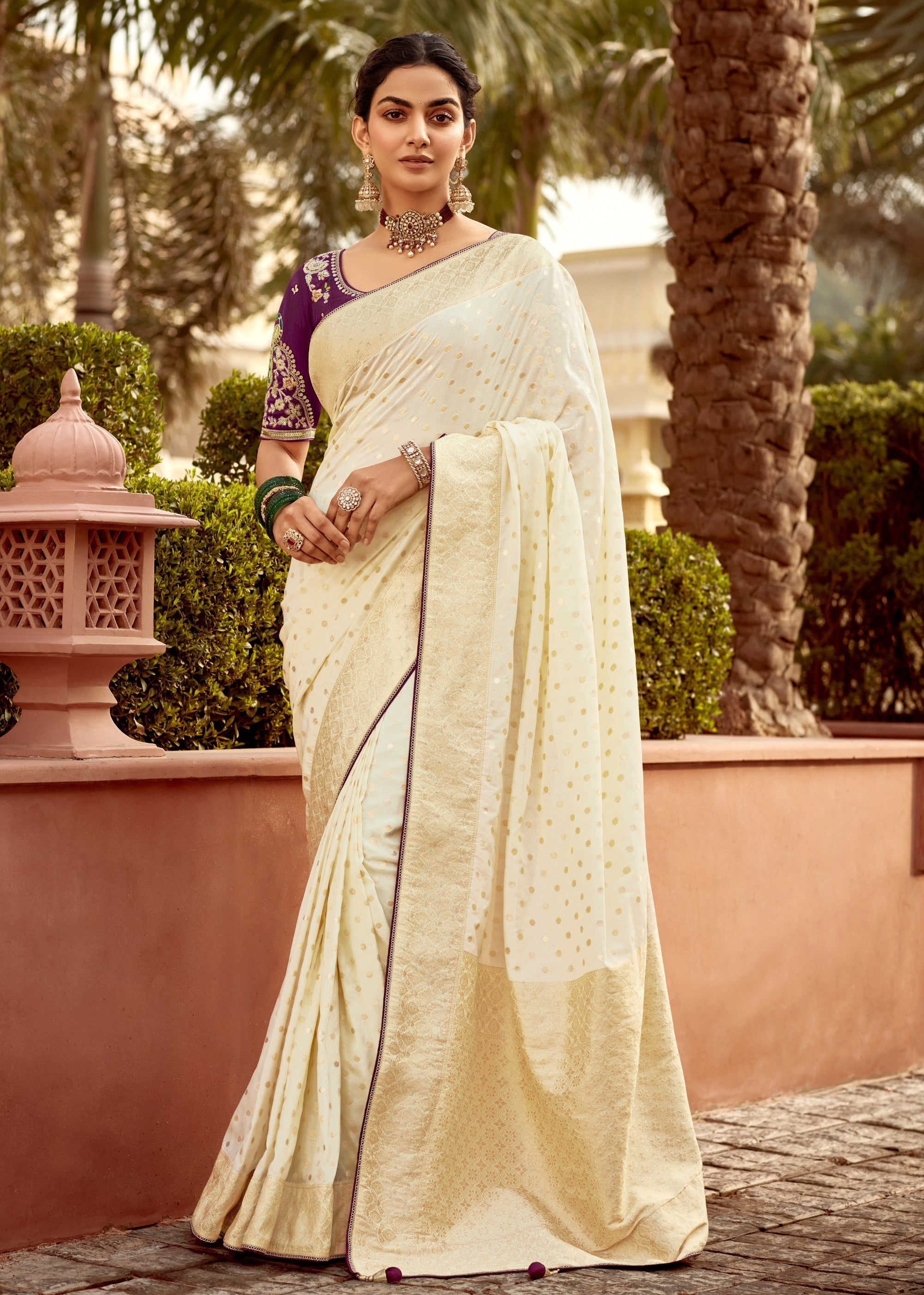Pearl White Dola Silk Saree Embellished With Weaving Work And Heavy Embroidered Blouse - qivii