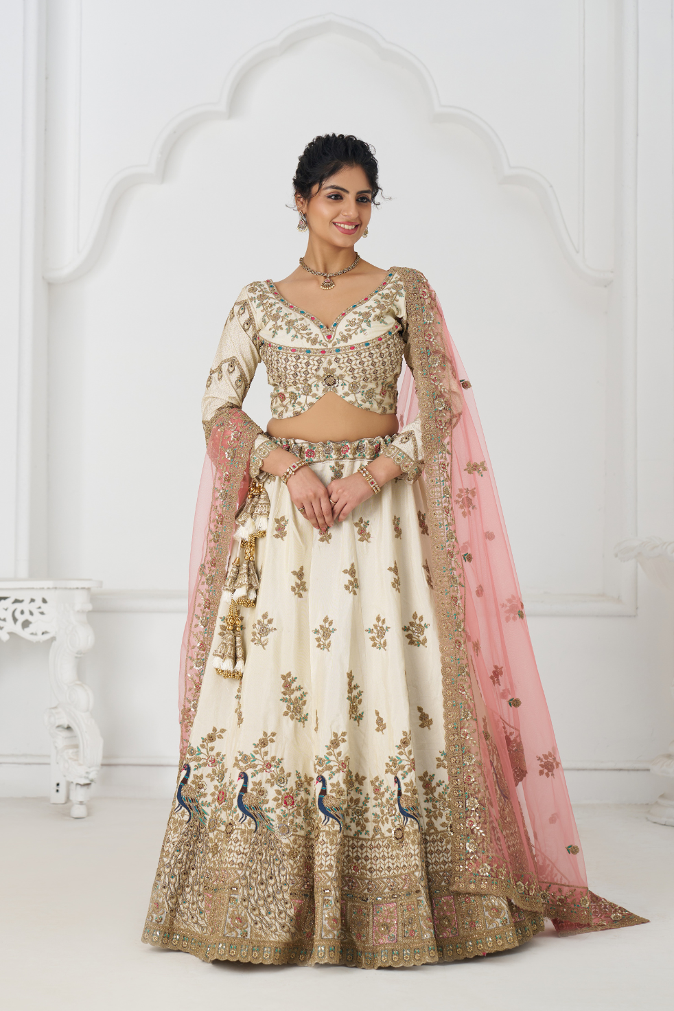 White Embroidered Zari Silk Designer Bridal Lehenga - qivii