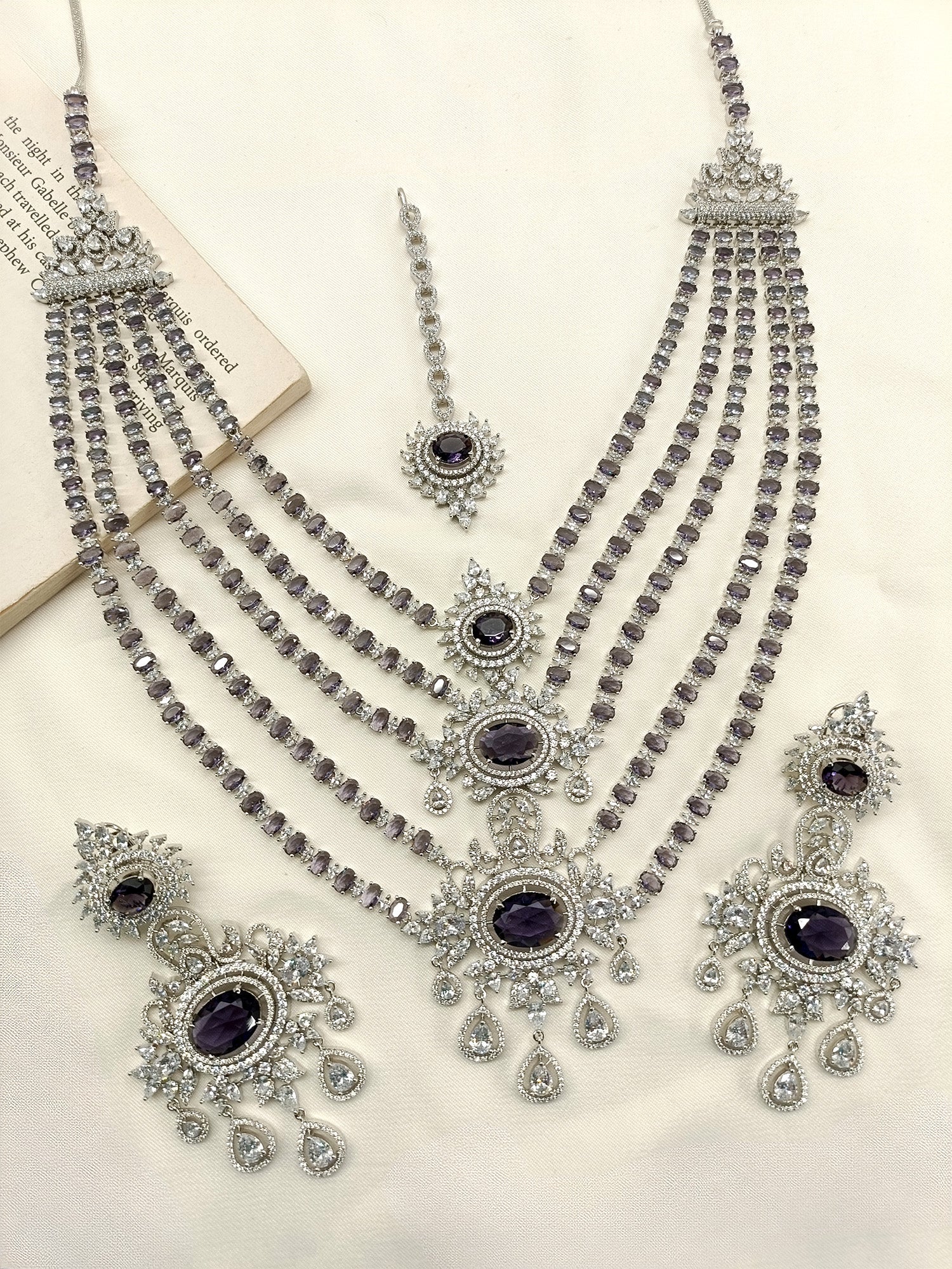 Takshvi Purple American Diamond Necklace Set - qivii