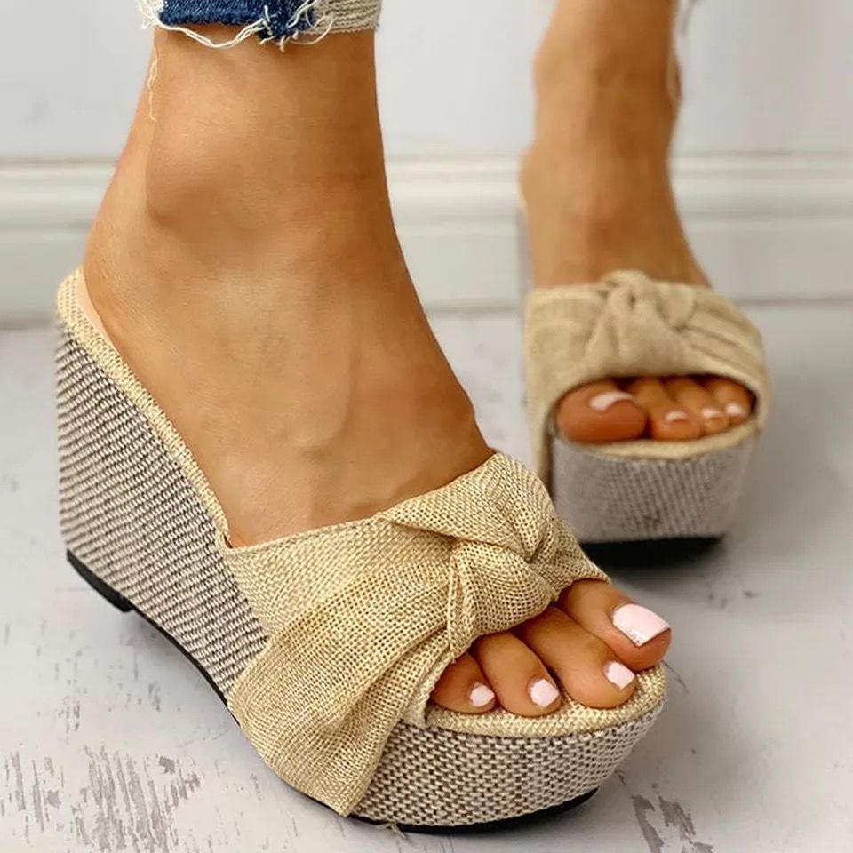 Women's Celeste Bow Peep-Toe Wedge Slide Sandals - Elegant Roman Summer Slides (US 4-10.5)