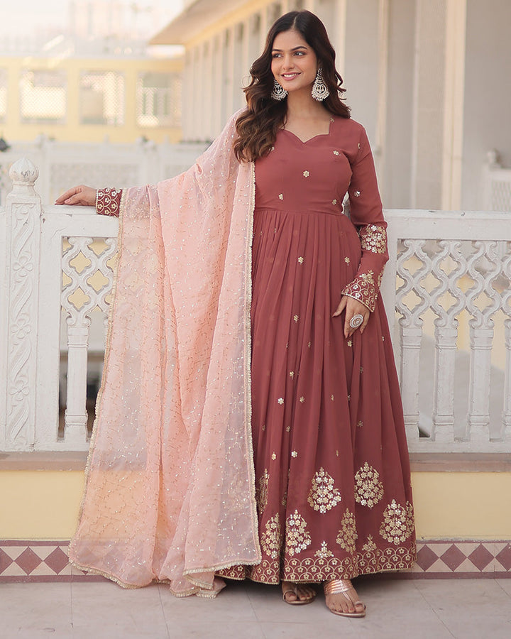 Chocolate Color Full Floor Length Anarkali Gown With Sequence Embroidery Dupatta  - By Qivii