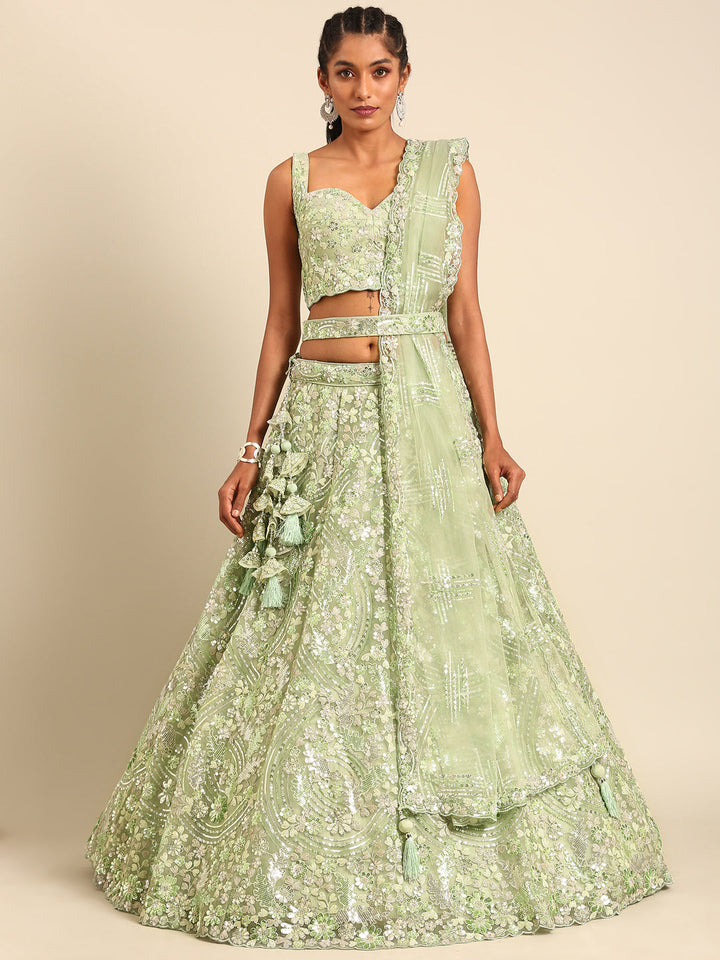 Golden-Sky Color Sequined Heavy Embroidery using thread Stitched Lehenga Choli