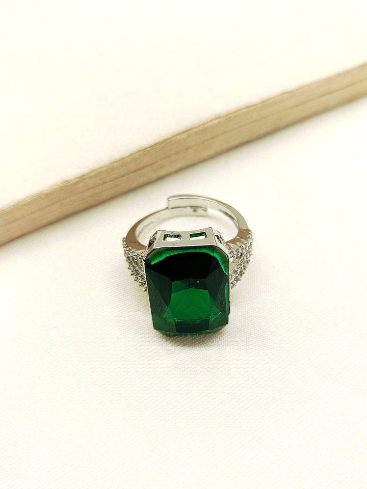 Eliana Green American Diamond Finger Ring with sparkling green gemstone and intricate silver band