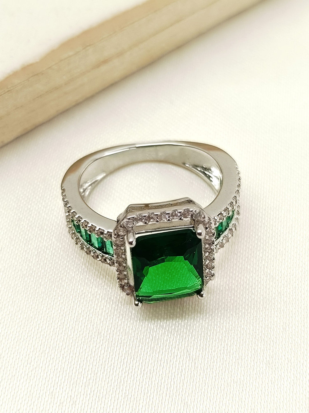 Roro Green American Diamond Finger Ring with Sparkling Emerald Stone and Sterling Silver Band