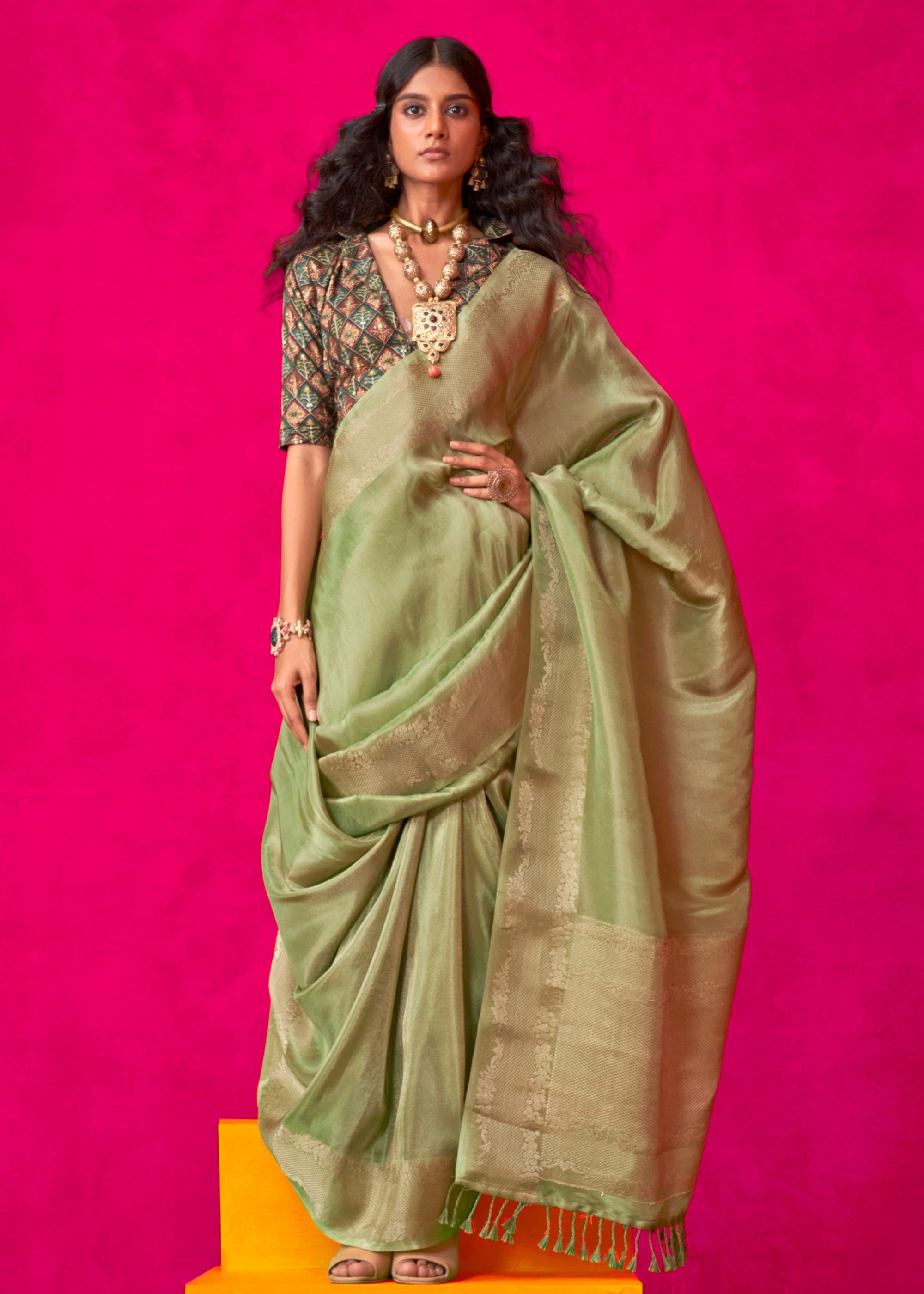 Bud Green Zari Tissue Silk Saree With Weaving Border - qivii