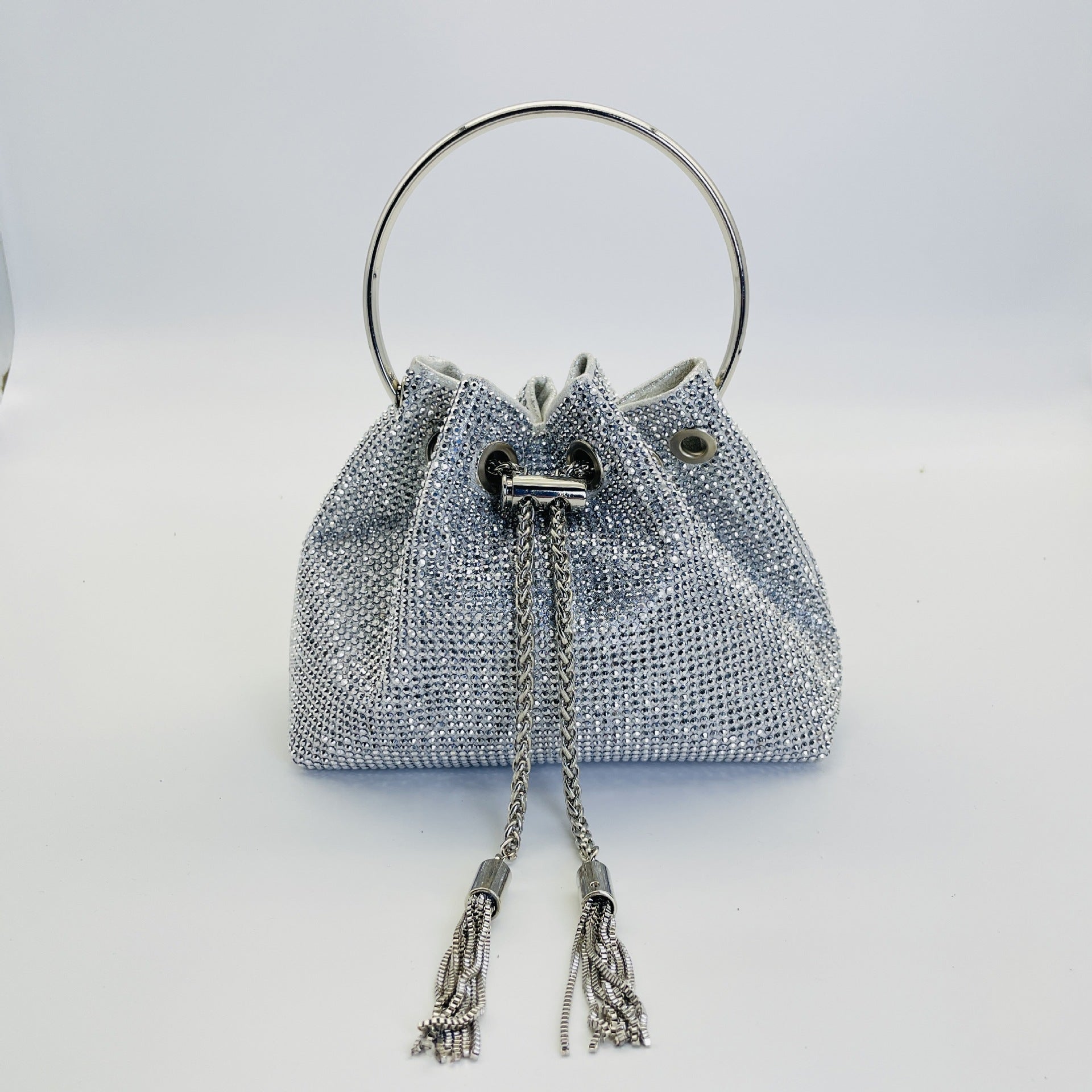 Women's Celestial Cache Bucket - Crystal-Encrusted Drawstring Minaudière with Detachable Constellation Chain