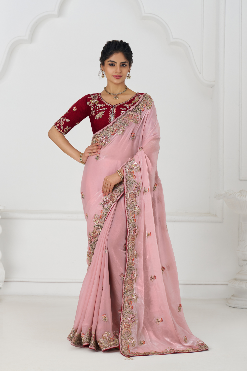 Graceful Pink Zari and Sequins on Rich Fendi Silk Saree - qivii