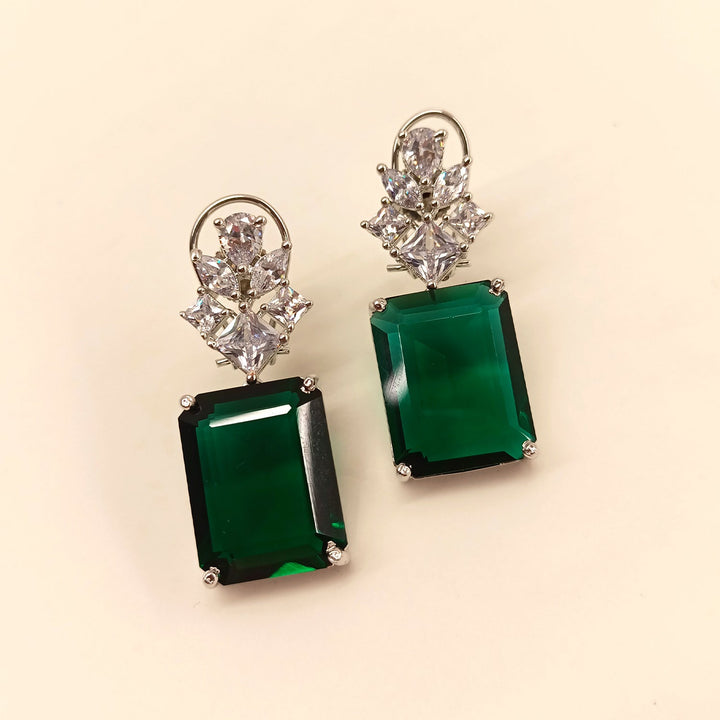 Pratima Green Emerald American Diamond Silver Plated Earrings