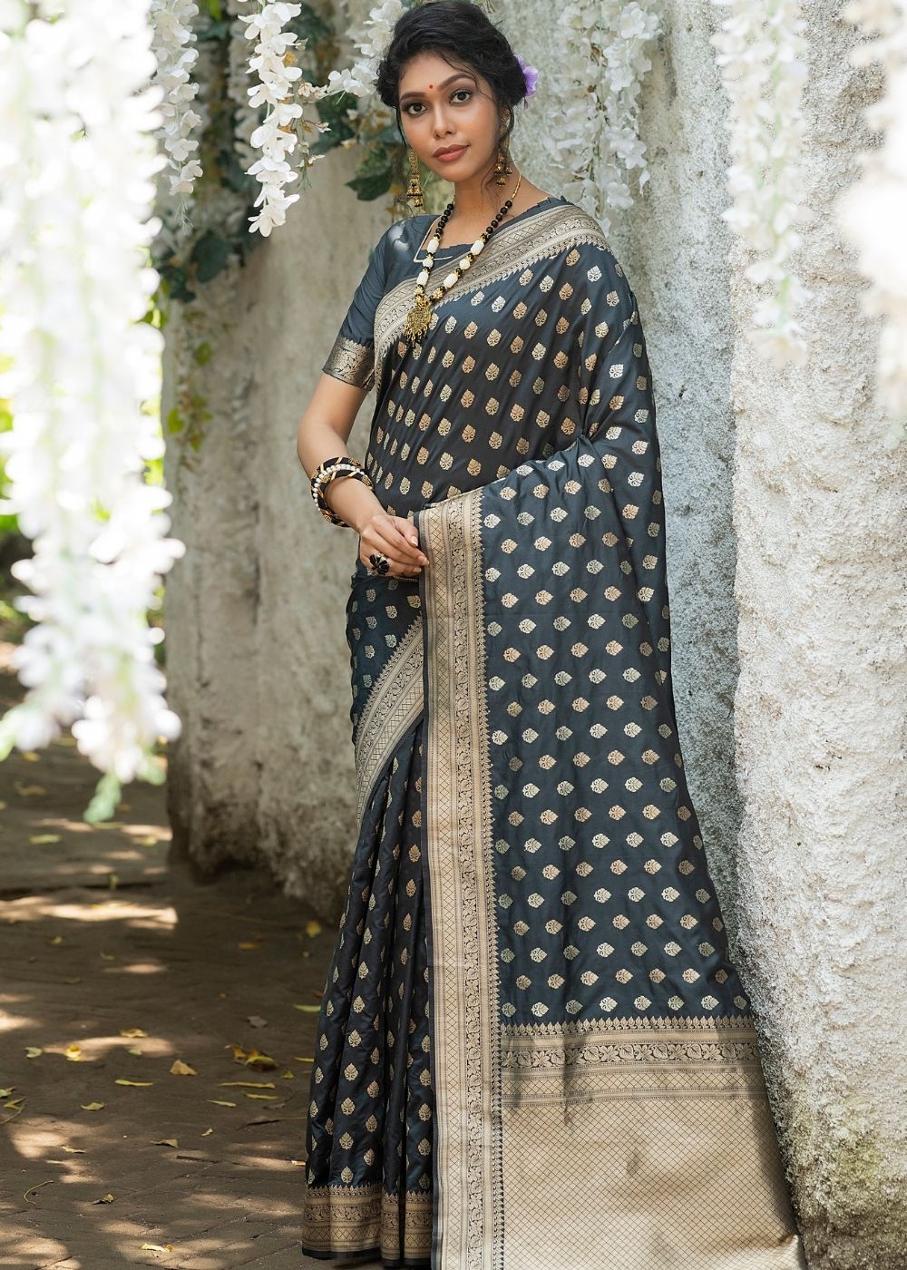 Anchor Grey Soft Banarasi Silk Saree with overall Butti - qivii