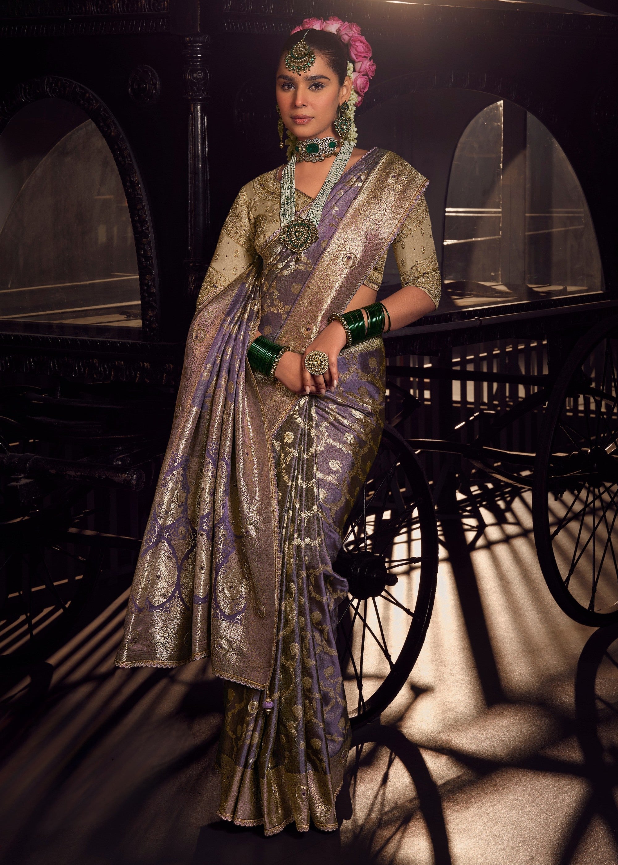 Heather Purple Viscose Tissue Silk Saree with Handworked Pallu And Contrast Designer Blouse - qivii