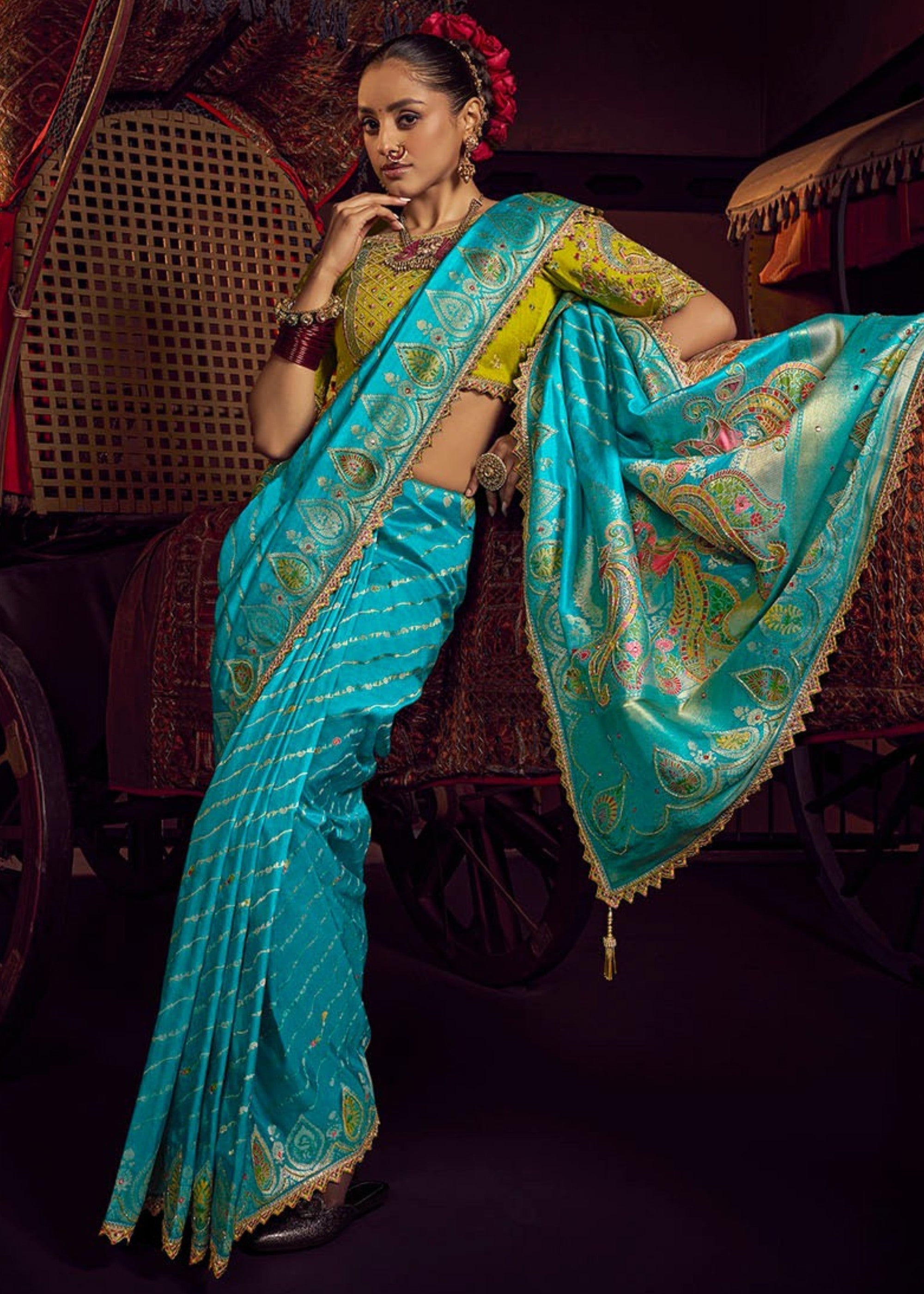 Cyan Blue Pure Viscose Dola Silk Saree With Handwork On Blouse And Pallu - qivii
