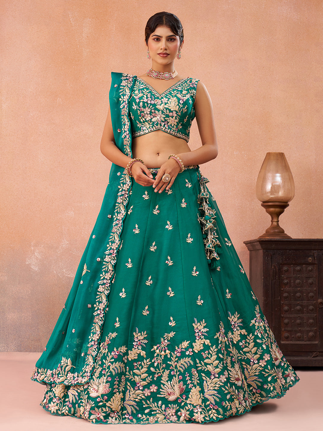 Green Tissue Sequined with Zari Embroidered Semi-Stitched Lehenga Set