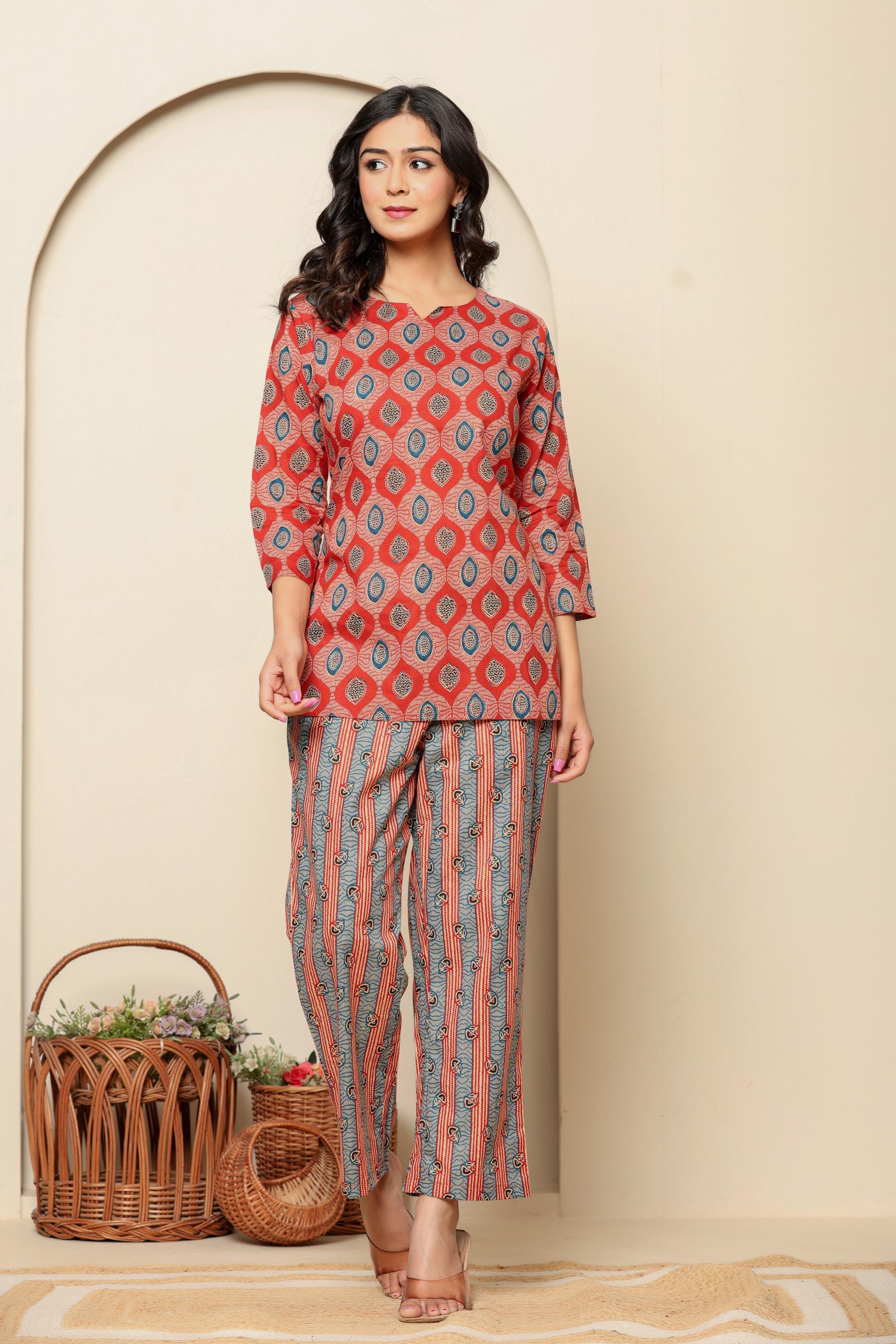 Red Printed Cotton Coord Set - qivii