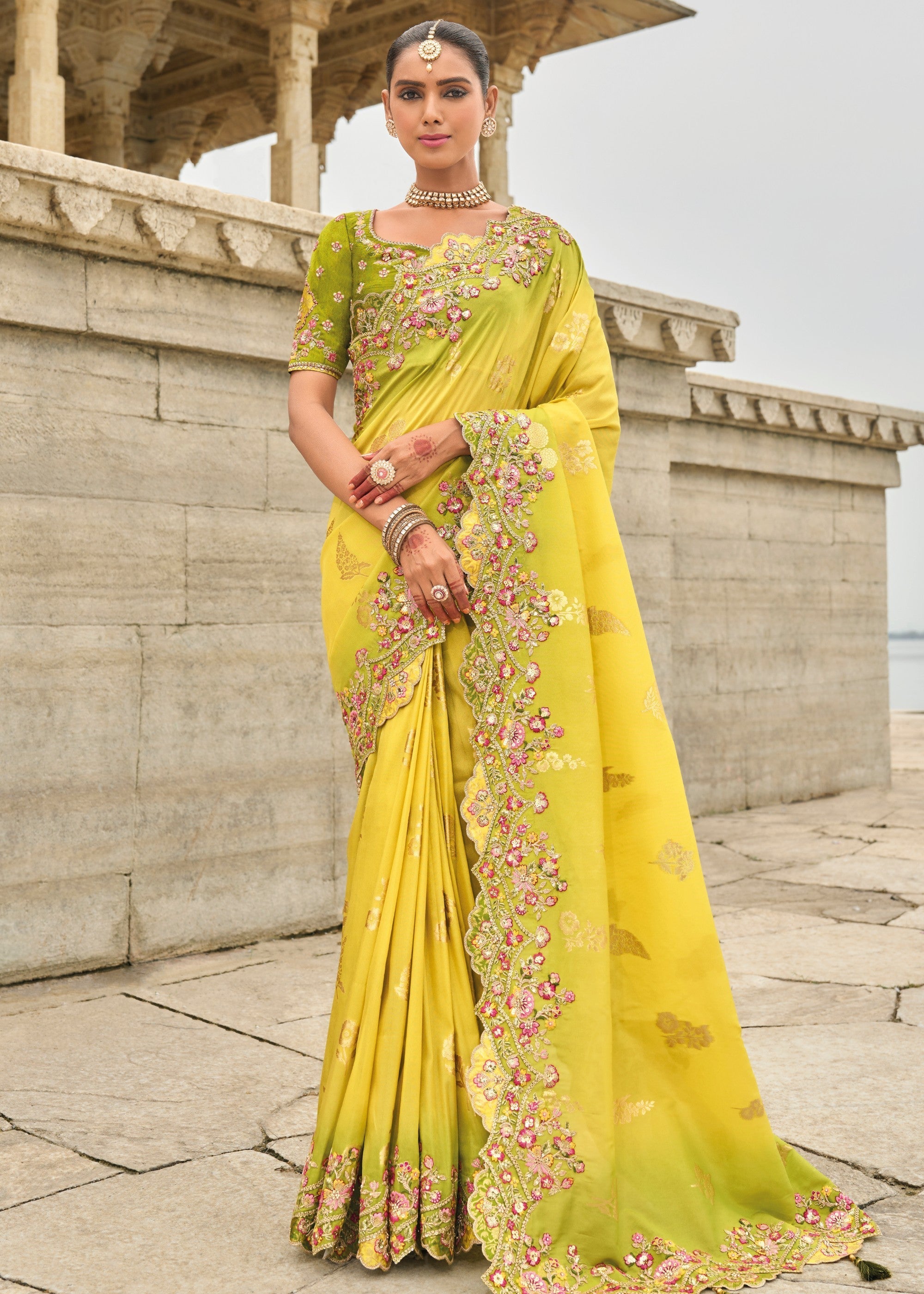 Bright Yellow Viscose Tissue Silk Saree With Embroidery Cut Work Border And Sequence Work - qivii