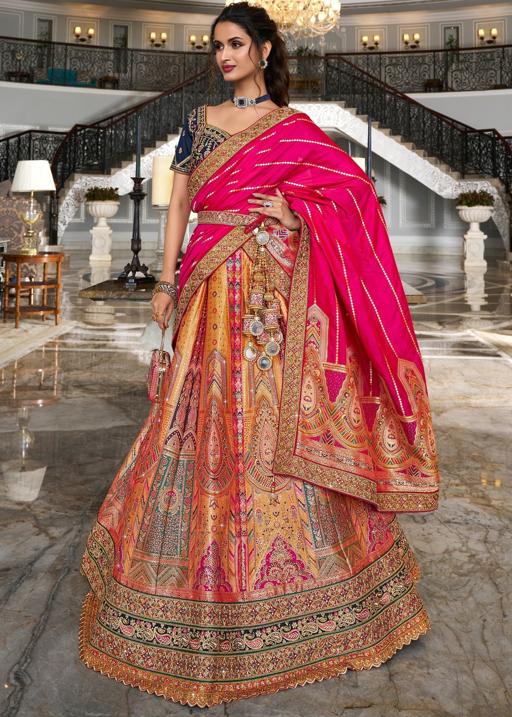 Dark Blue & Bright Pink Banarasi Silk Lehenga with Zarkan Codding work | Ready To Wear - qivii