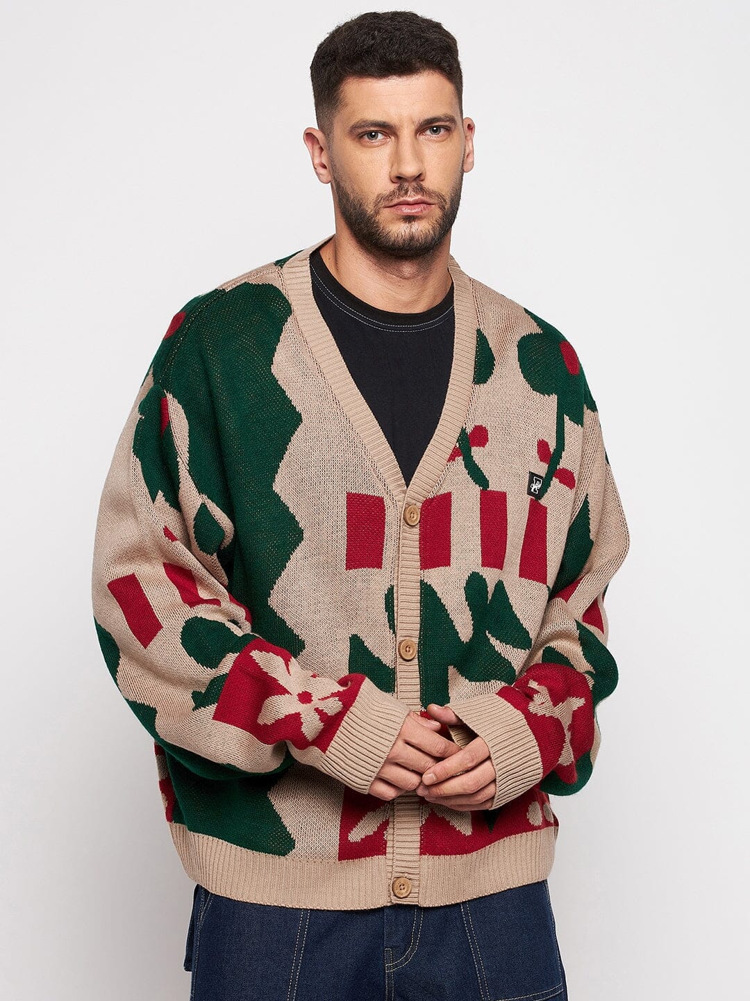 Beige Abstract Oversized Cardigan