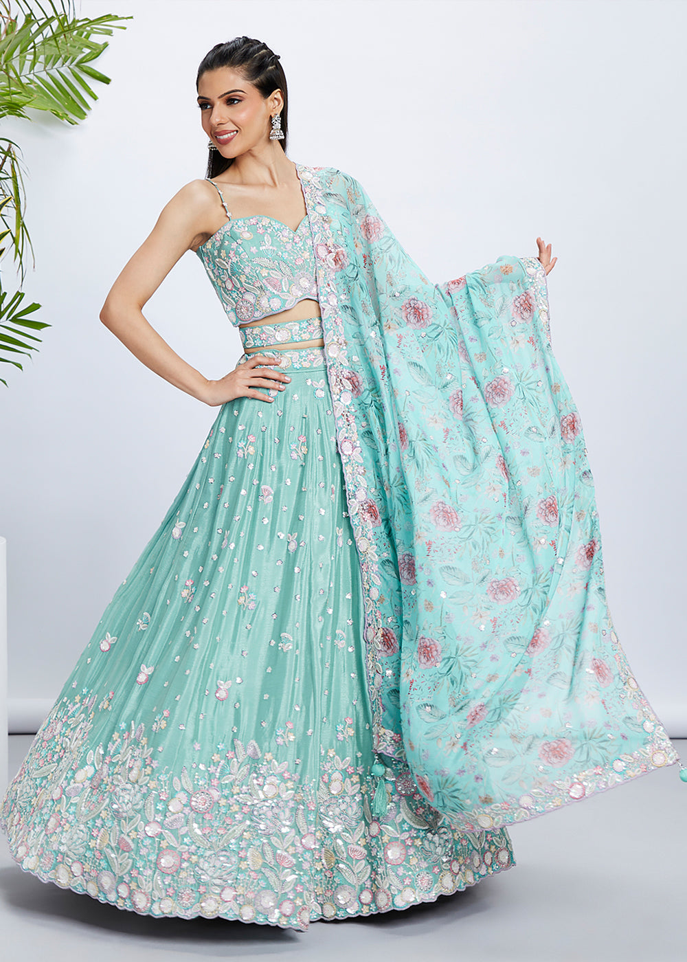Blue Green Chiffon Lehenga Choli with Sequins & Thread Embroidery work | Ready To Wear - qivii