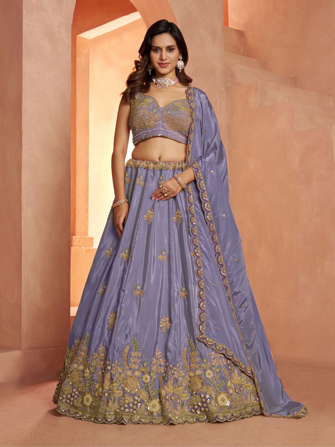 Pastel Purple Floral Embroidered Designer Lehenga Set