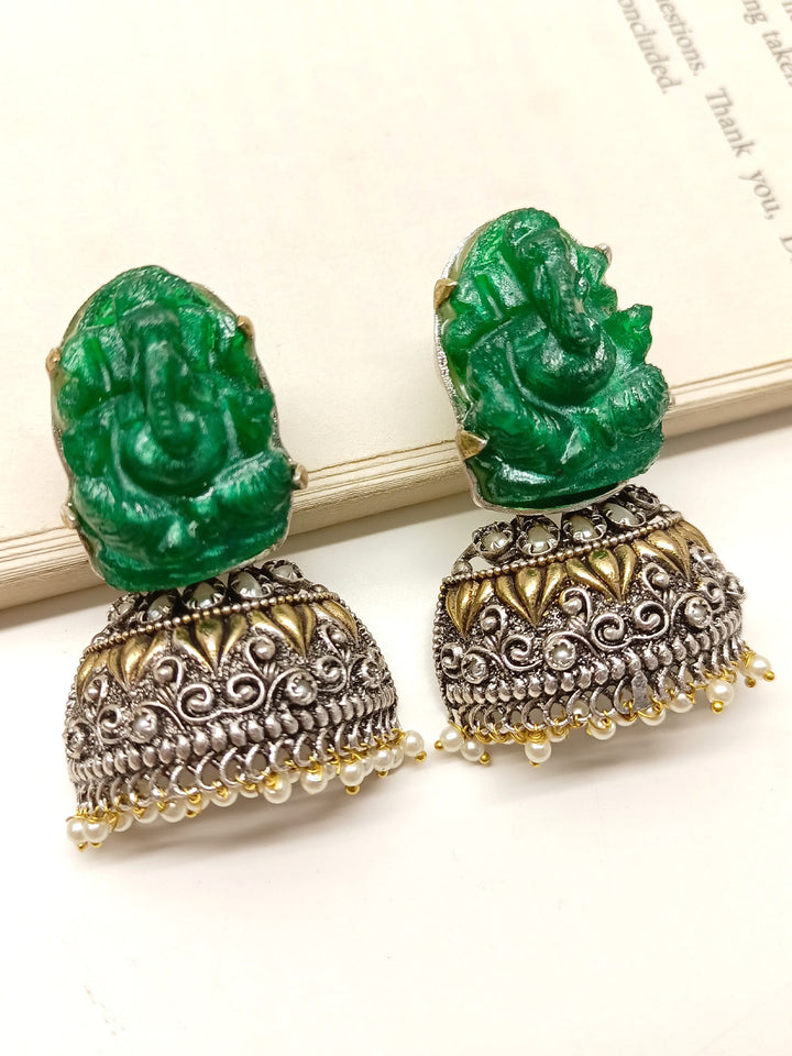 Mrinal Green Ganesh Ji Oxidized Earrings