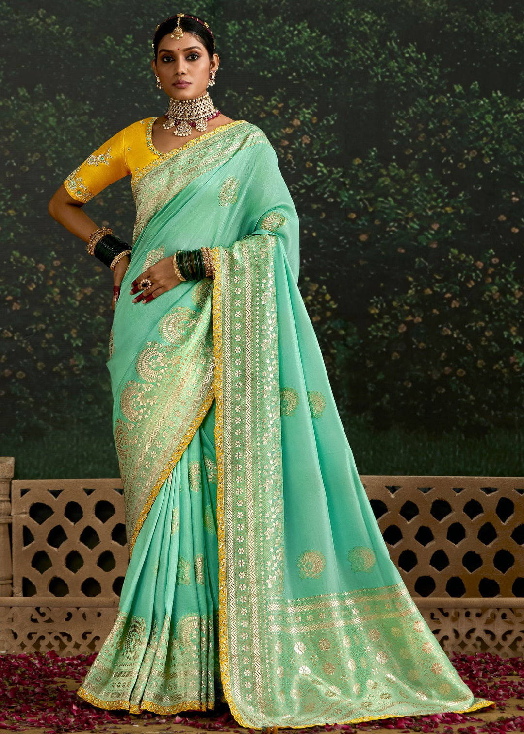 Beautiful pastel and yellow viscose silk saree with intricate zari work embroidery