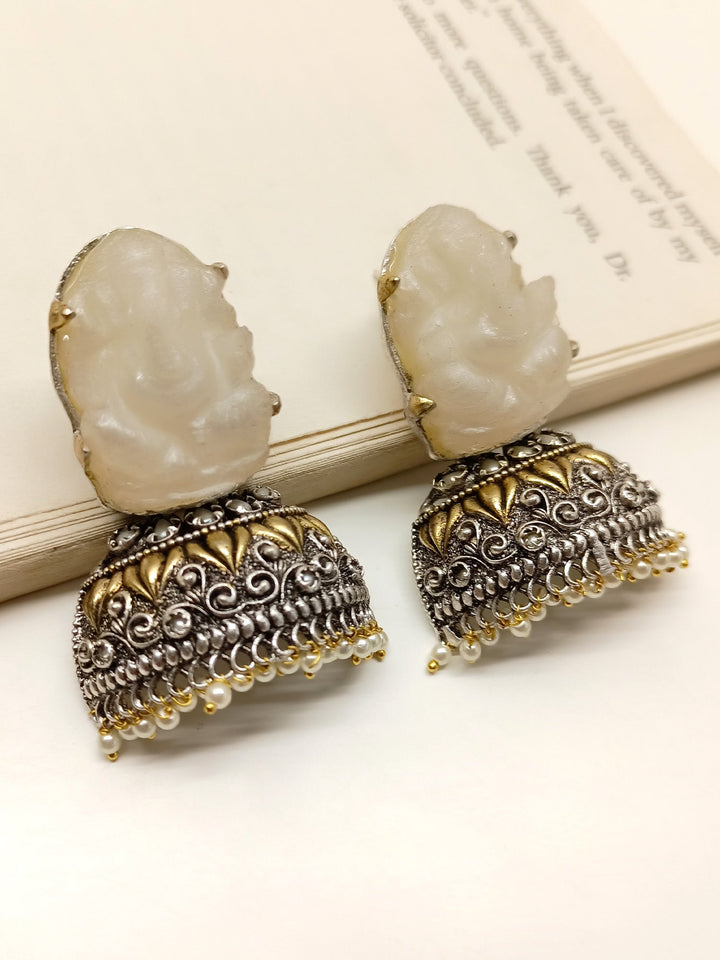 Bahrain Light Gray Ganesh Ji Oxidized Earrings