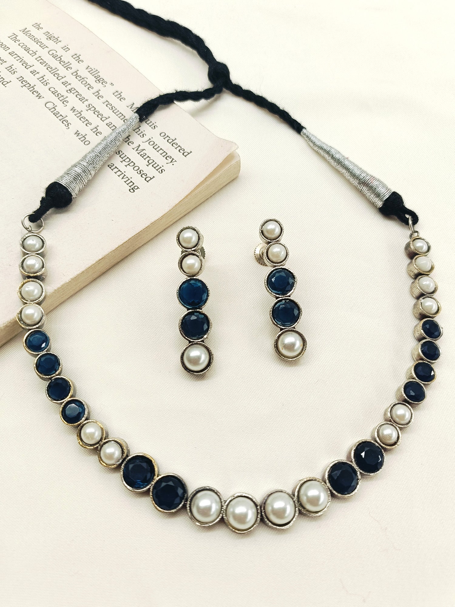 Amulaya Navy Blue Oxidized Necklace Set - qivii