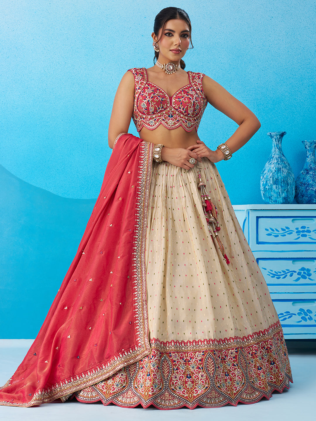 Cream & Pink Jacquard Tissue Sequined Thread & Embroidered Semi-Stitched Lehenga set