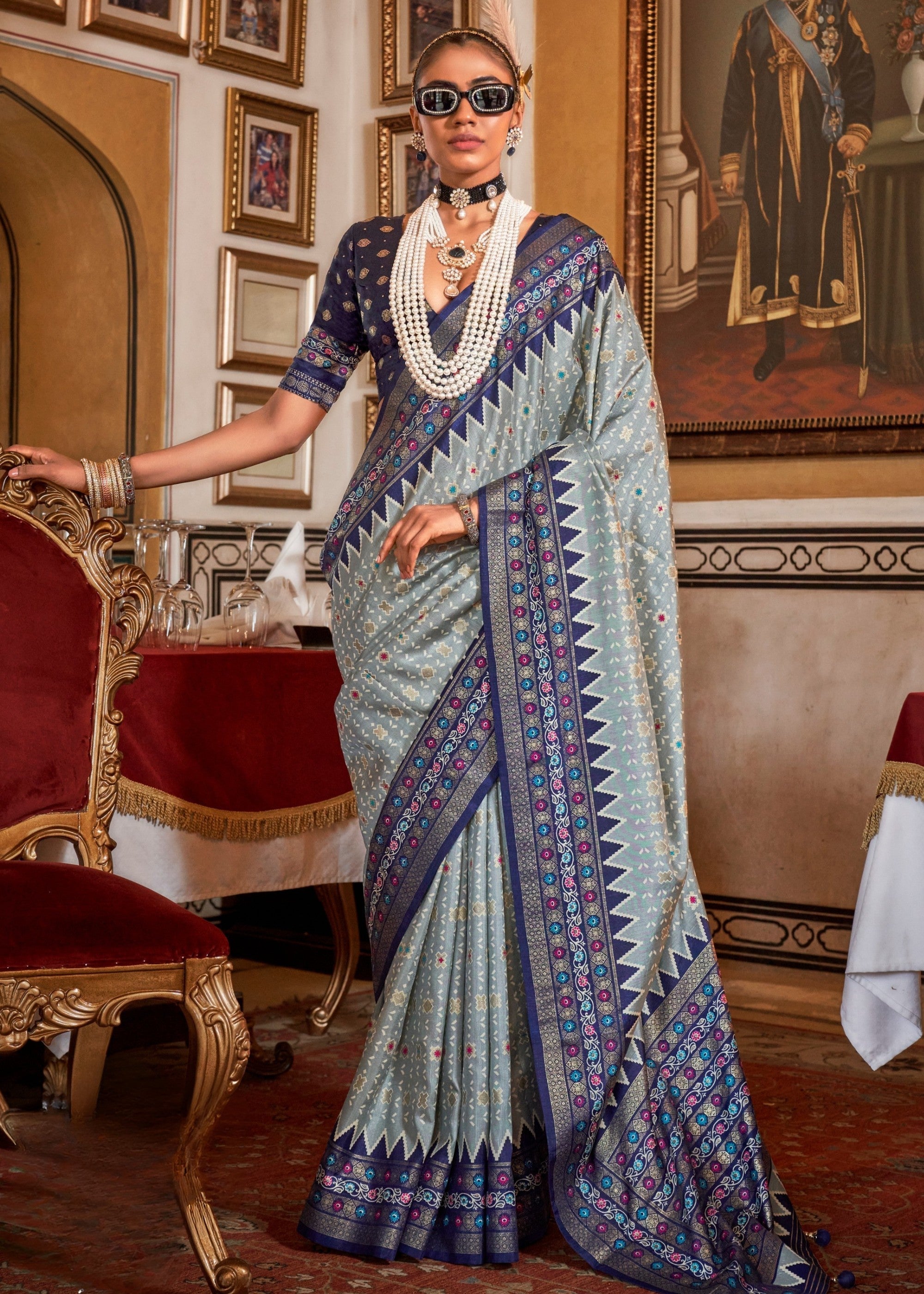 Light Steel Blue Silk Saree With Traditional Classic Design - qivii