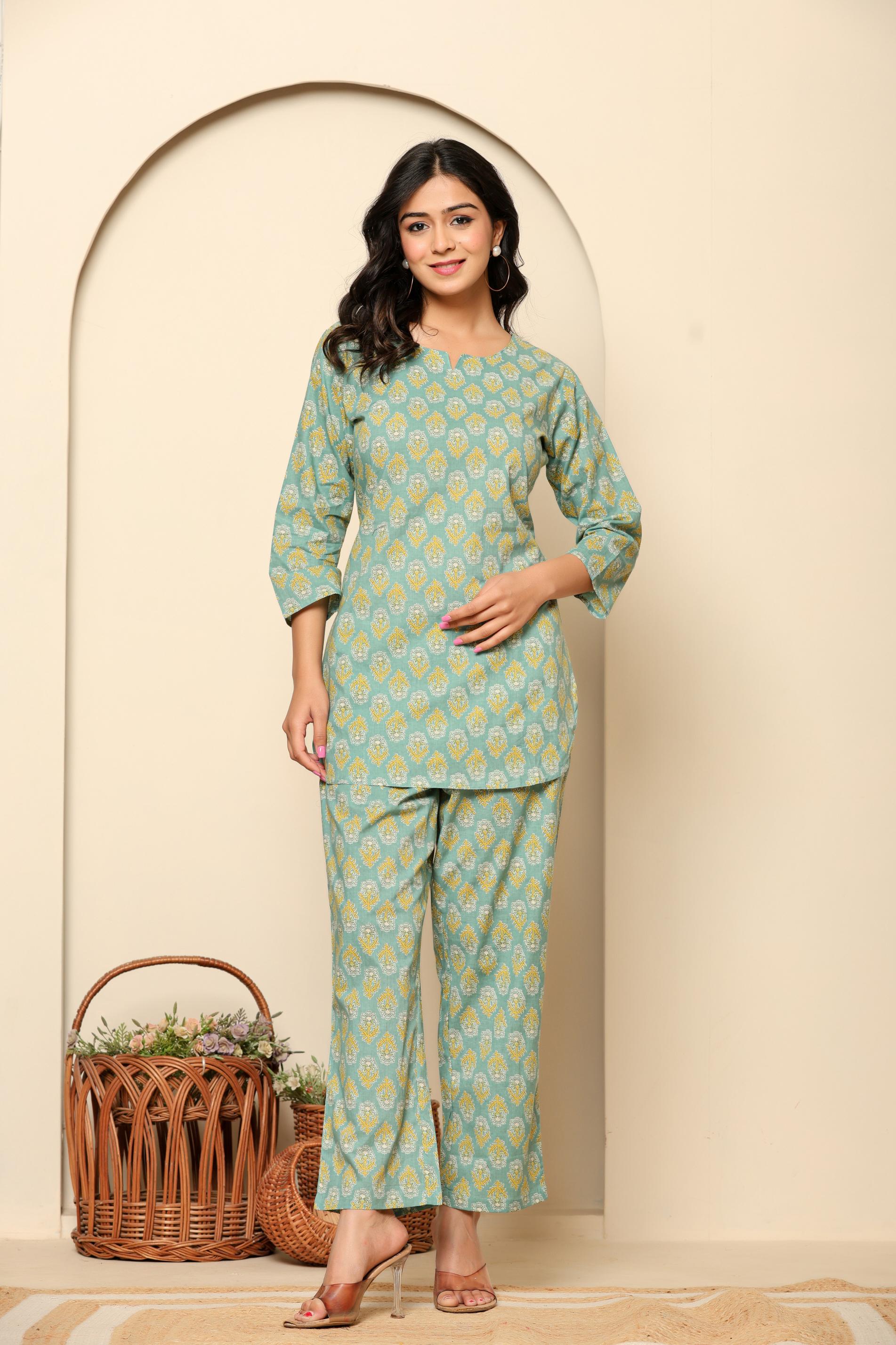 Green Printed Cotton Coord Set - qivii