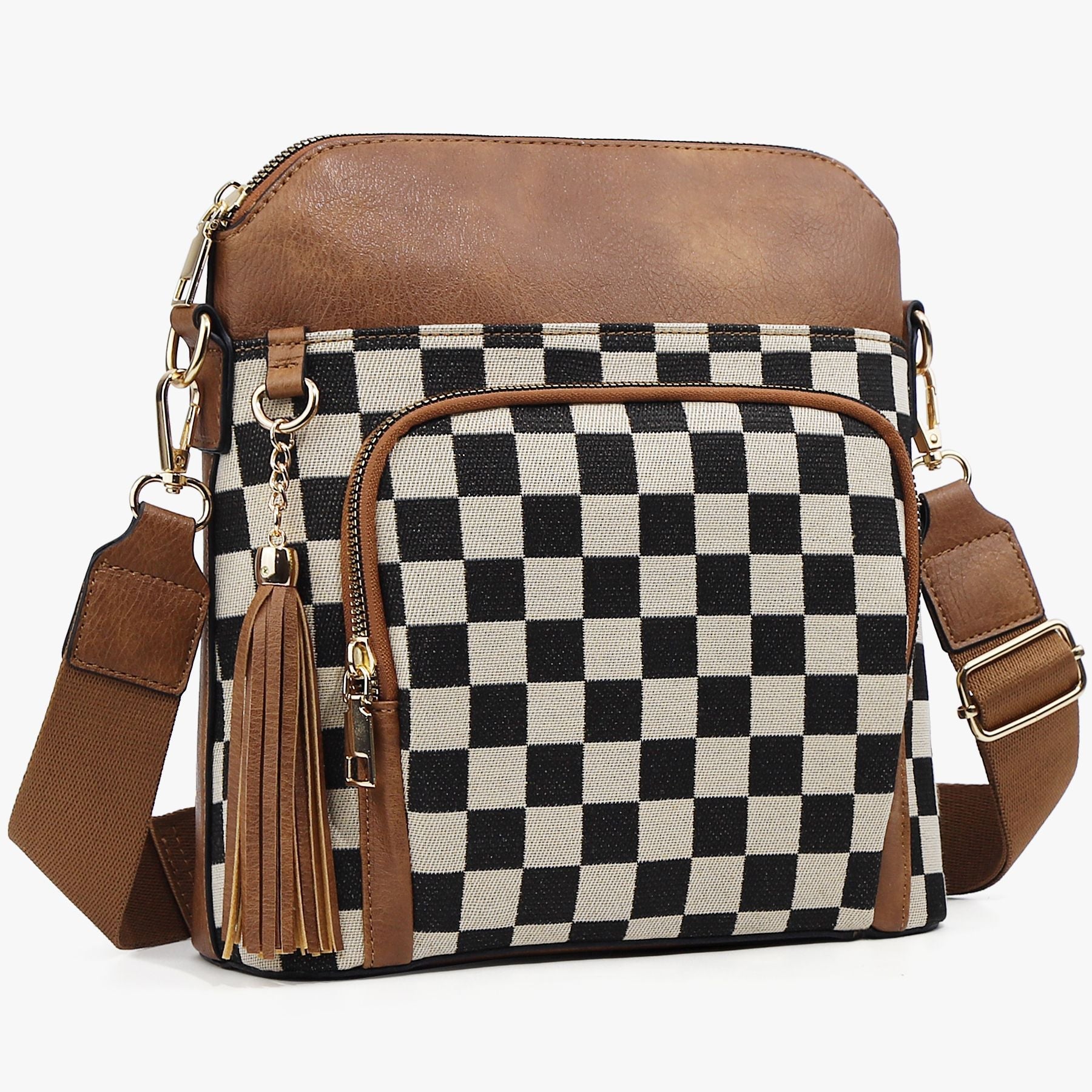 Ounamei Checkered Crossbody Bag in PU Leather & Canvas | Lightweight Shoulder Bag for Women