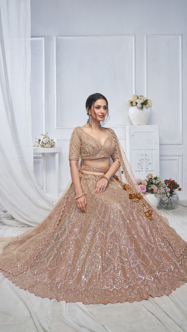 Alluring Brown Sequins Net Bridesmaid Lehenga Choli With Dupatta