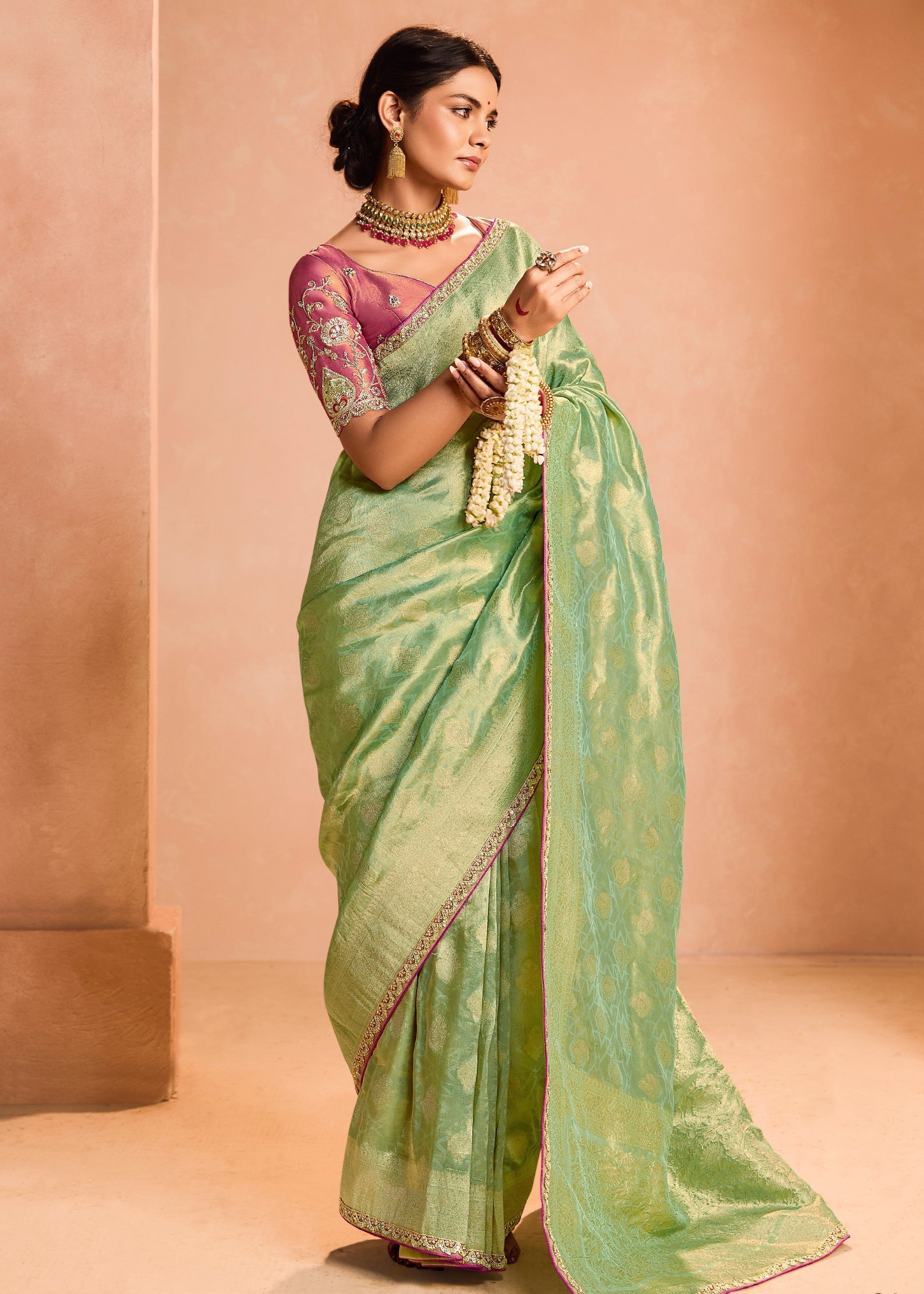 Pastel Green Zari Tissue Silk Saree With Weaving Work And Heavy Embroidery Lace - qivii
