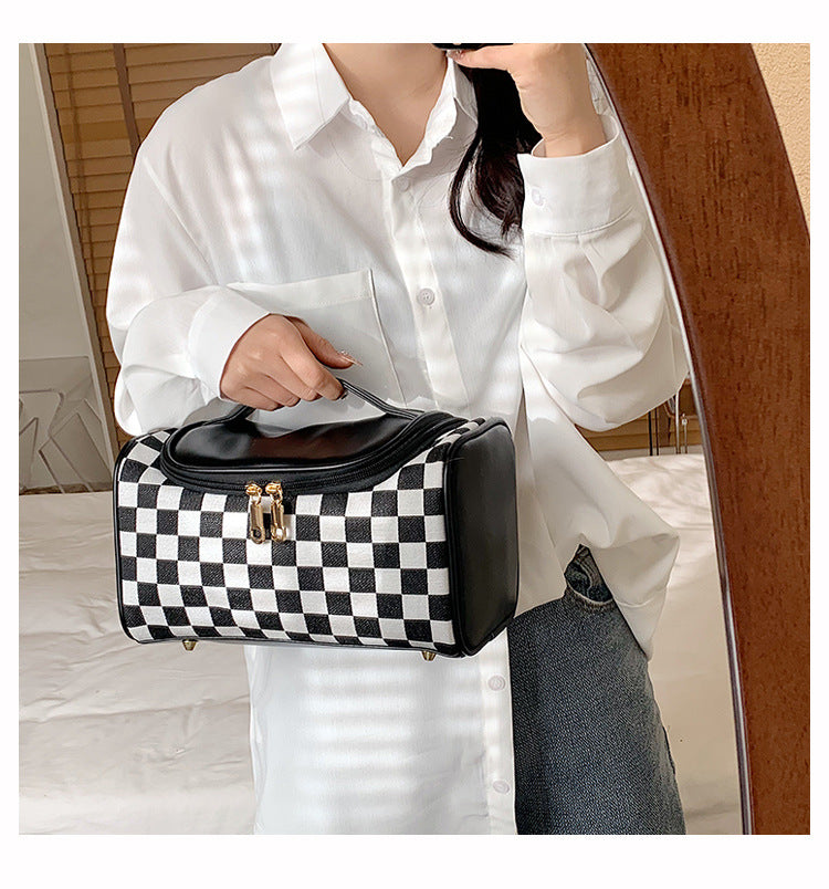Women's Large Checkered Makeup Organizer – Oversized Travel Toiletry Bag with Zippered Pockets & Detachable Strap | Waterproof Patchwork Cosmetic Case