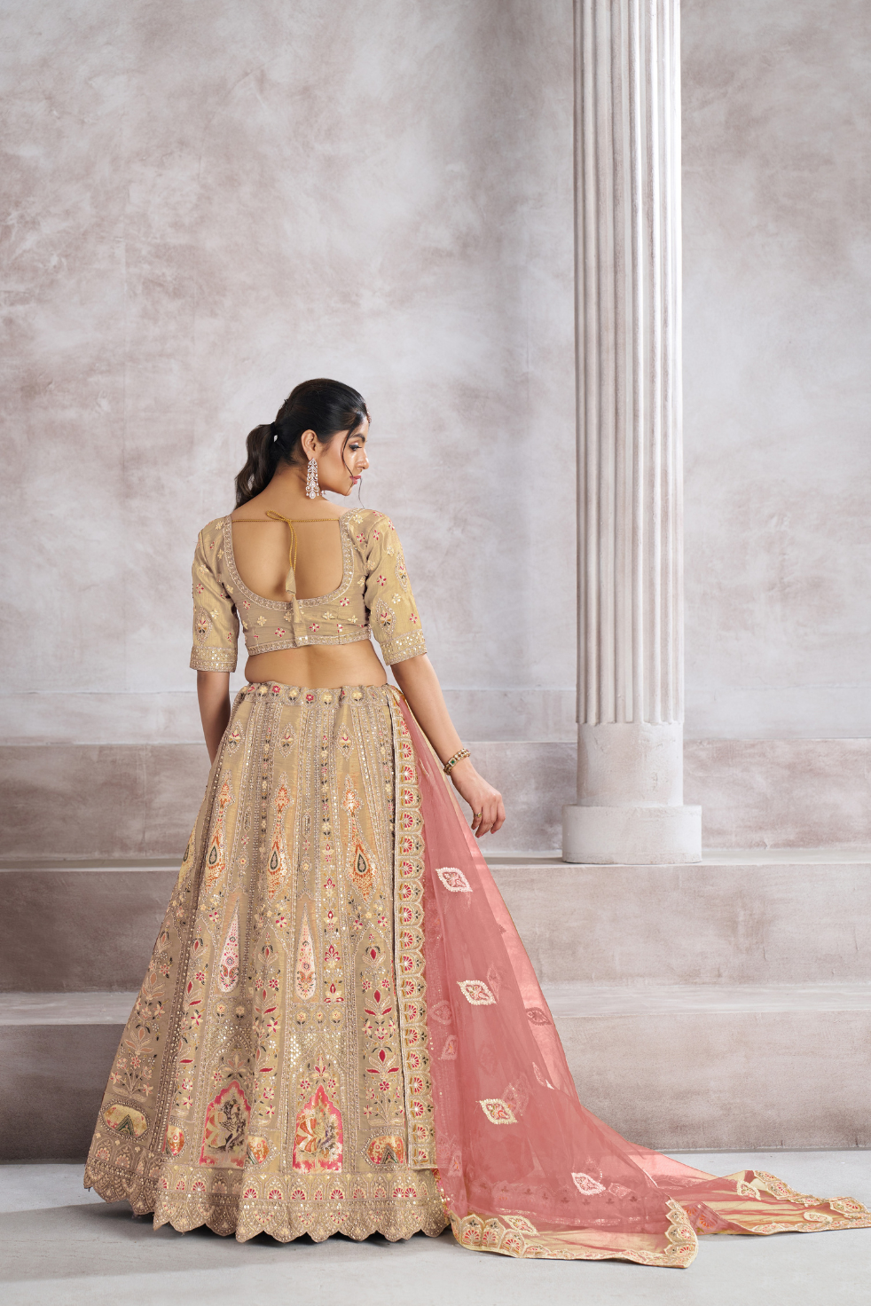 Trending Reception Wear Champagne/Chiku Color Lehenga with Patch Work - qivii