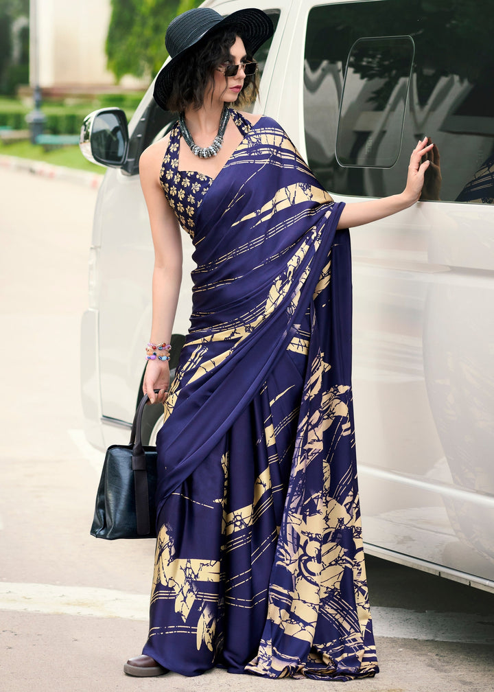 Royal Blue Printed Satin Silk Saree