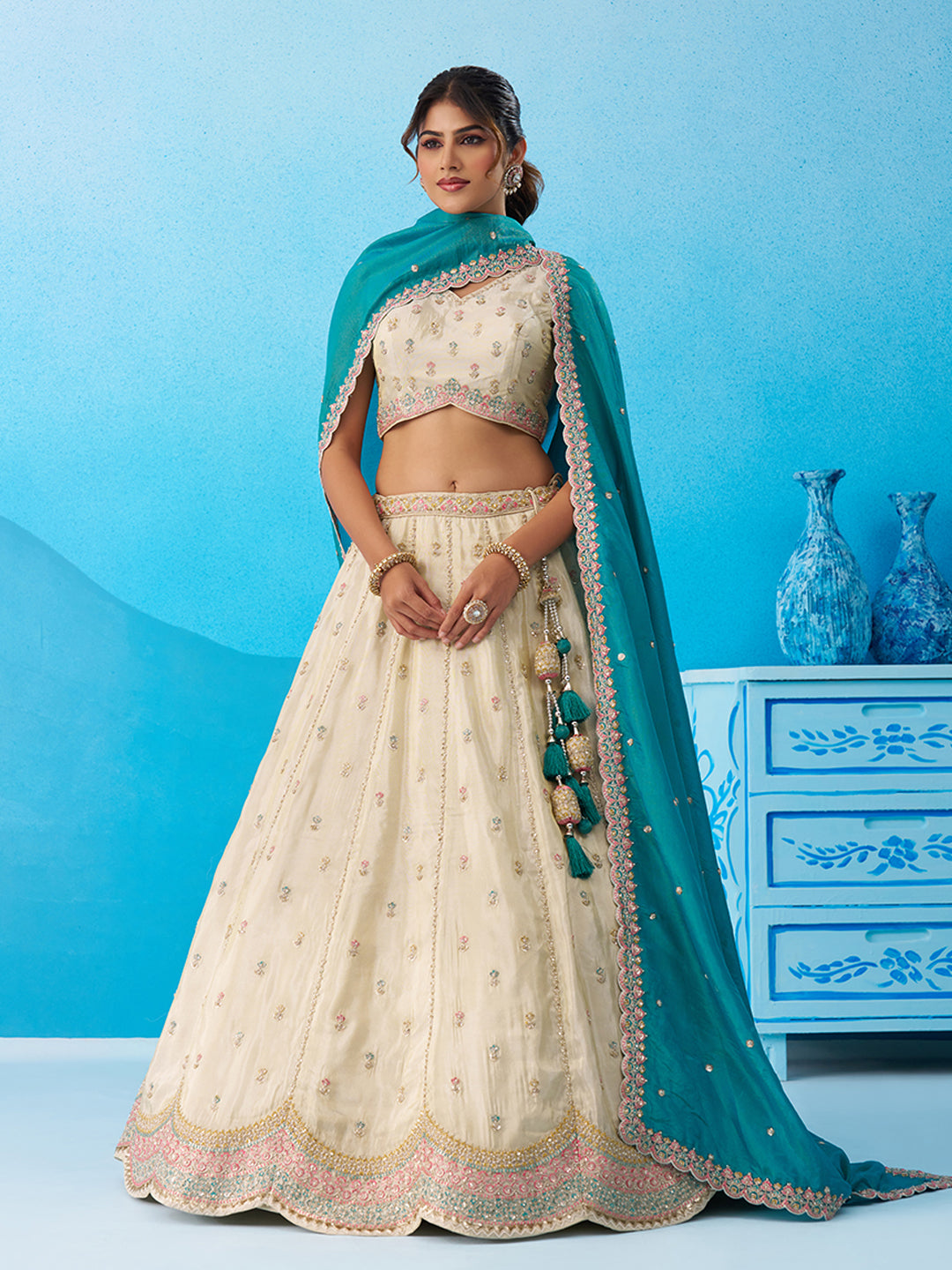 Teal Tissue Sequins Embroidered Lehenga Set