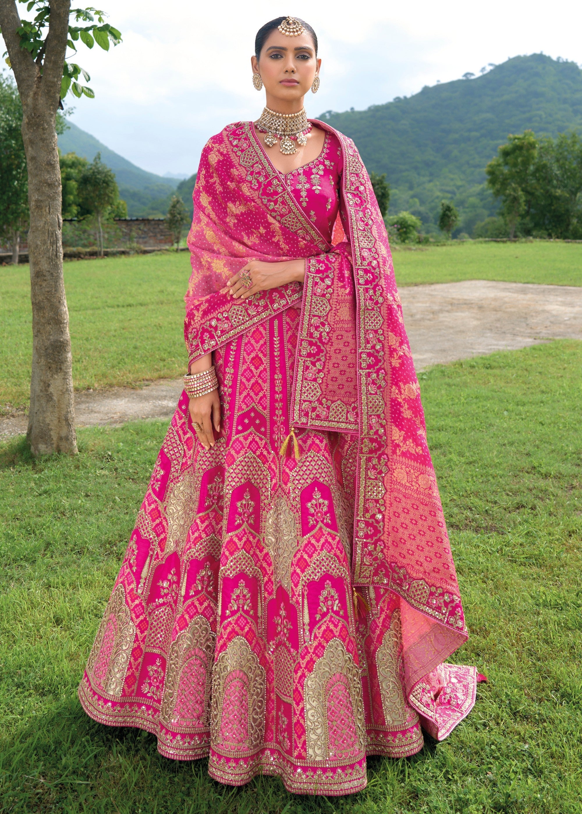 Rani Pink Banarasi Silk Lehenga With Heavy Embroidery Work - qivii