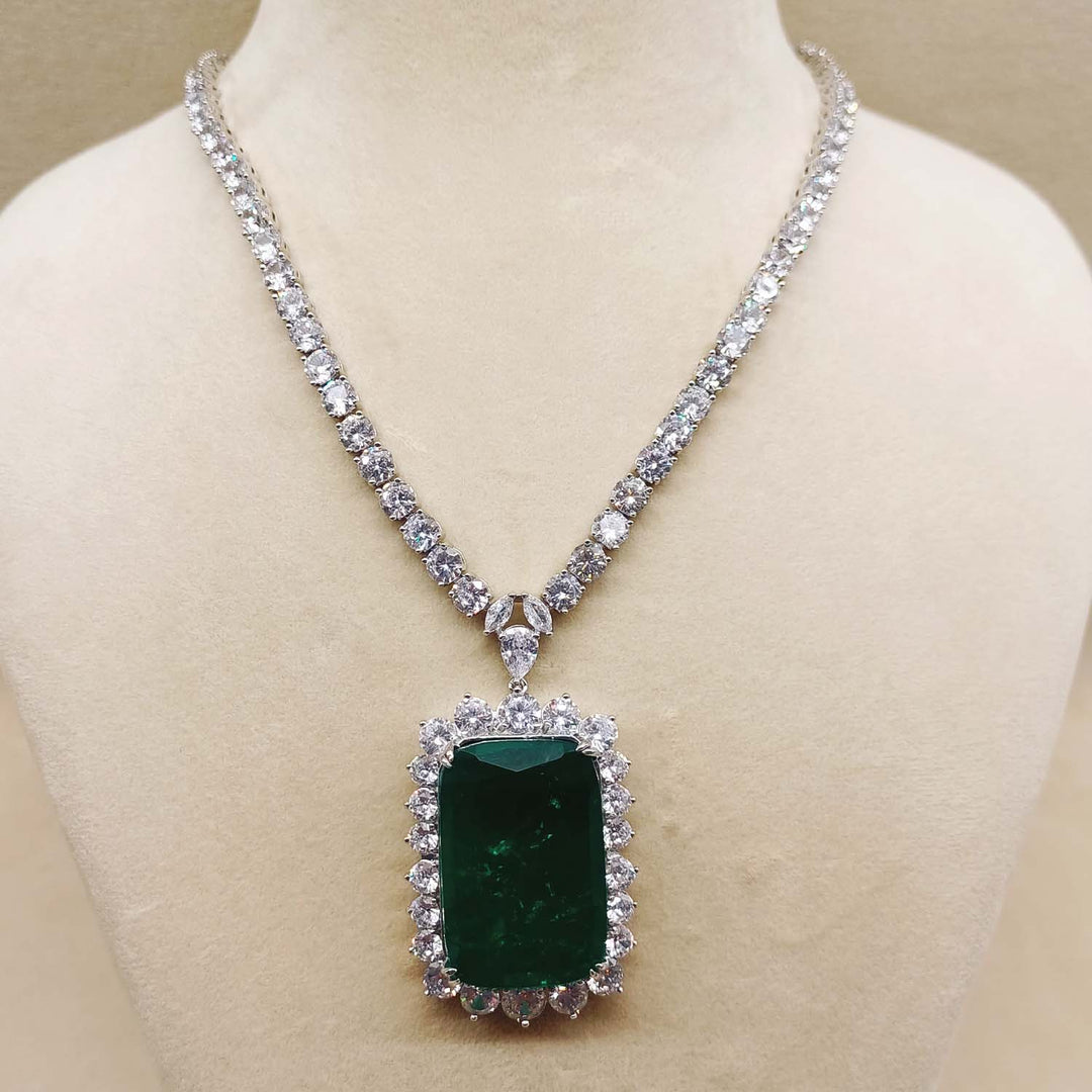 Natasha Emerald American Diamond Pendant Set With Diamond String