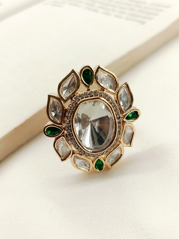 ###
Exquisite Asmara Green Kundan Finger Ring with intricate gold detailing