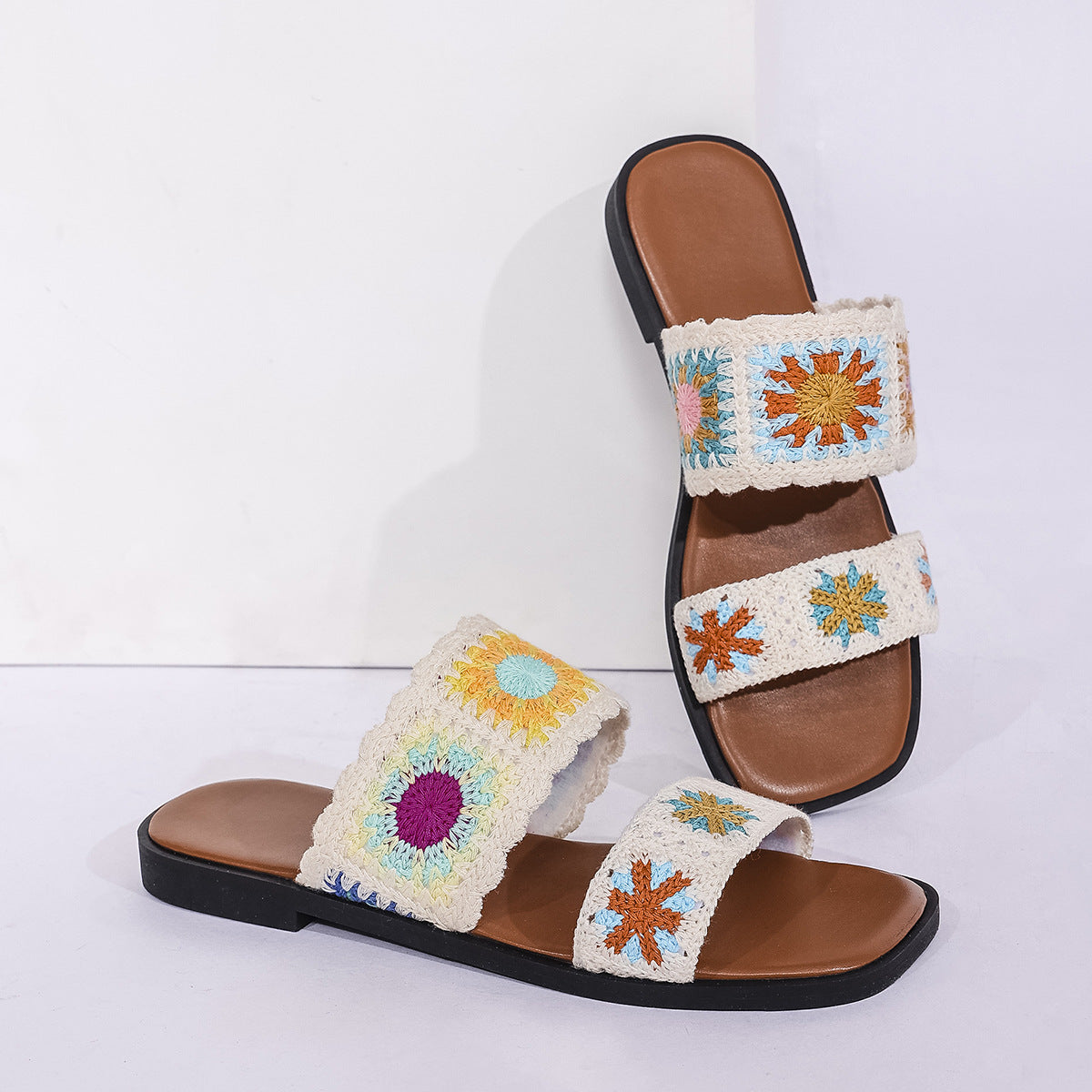 Women’s SunBloom Knit Flat Slides – Square-Toe Boho Embroidered Sandals (US 5–10)