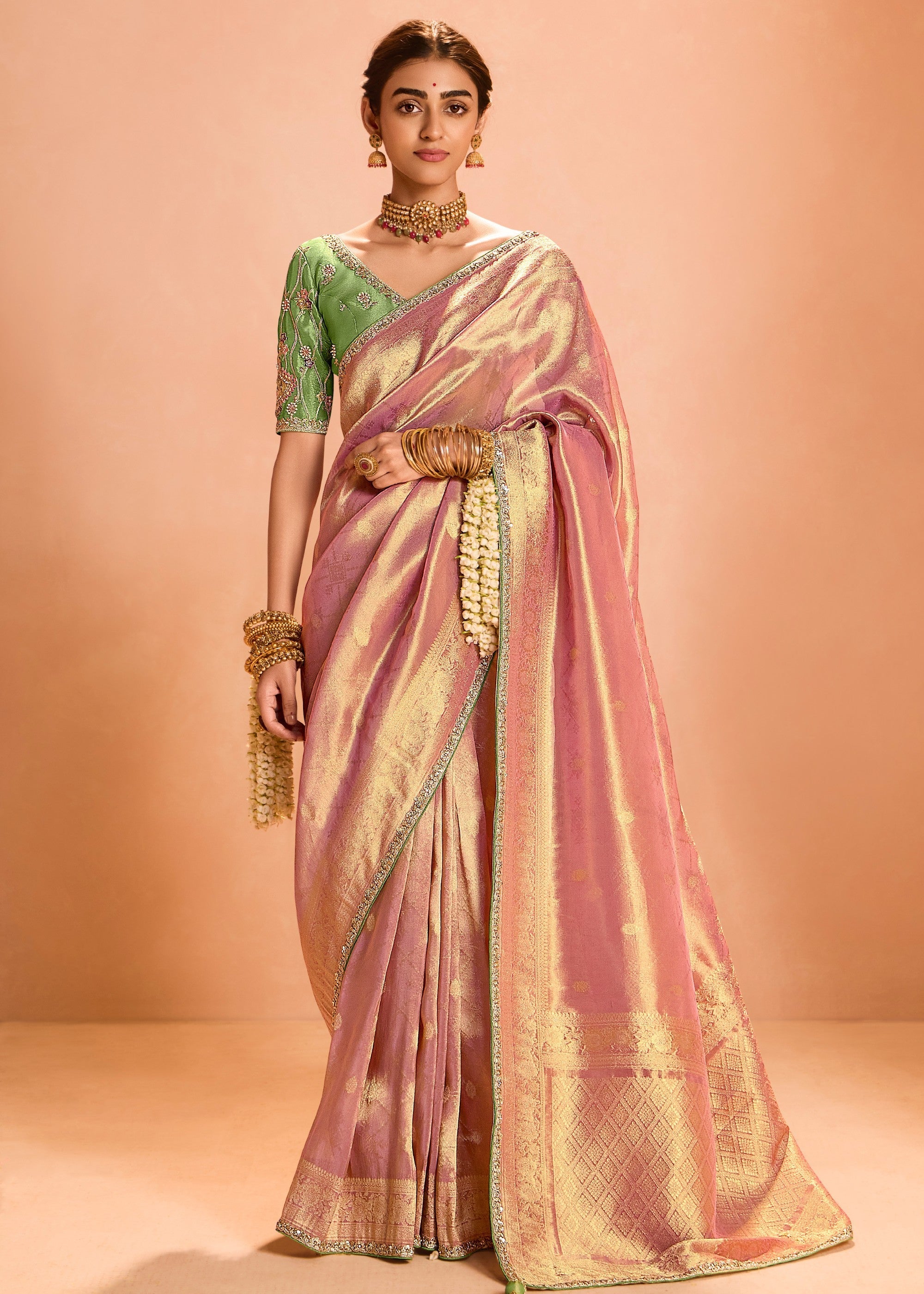 Rose Pink Zari Tissue Silk Saree With Weaving Work And Heavy Embroidery Lace : Top Pick - qivii