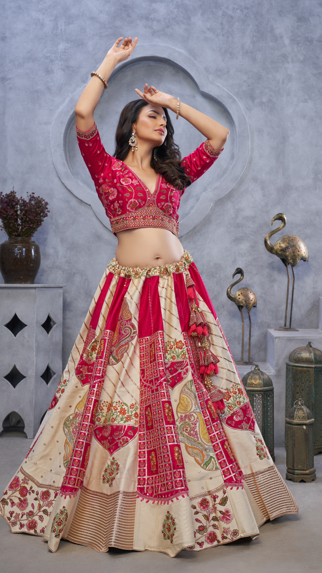 The Red and White Masterpiece Lehenga with Paisley Motifs and Sheer Pink Dupatta