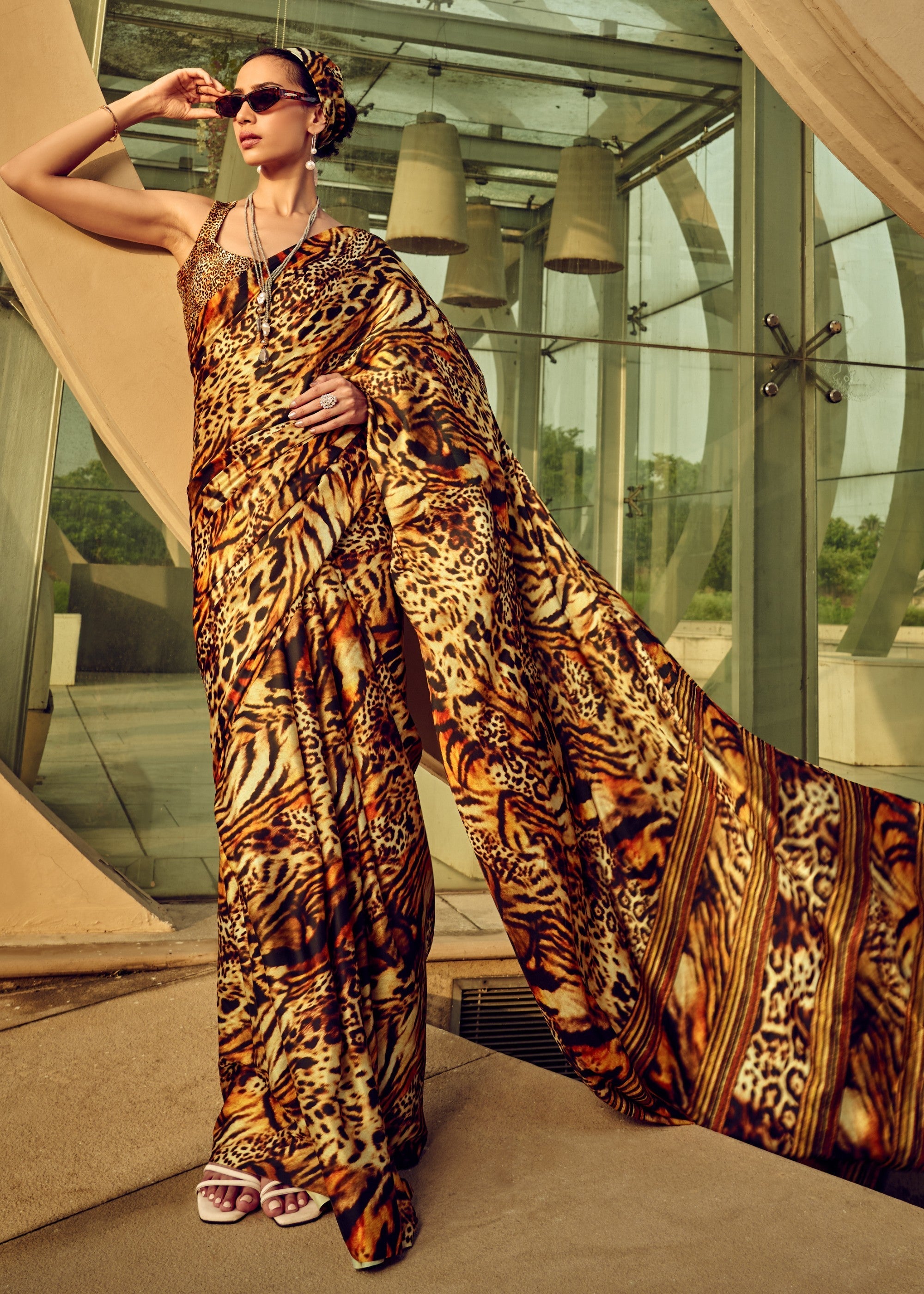 Leopard Satin Digital Printed Saree - qivii