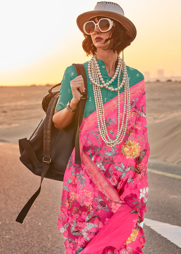 Hot Pink Woven Tussar Silk Saree