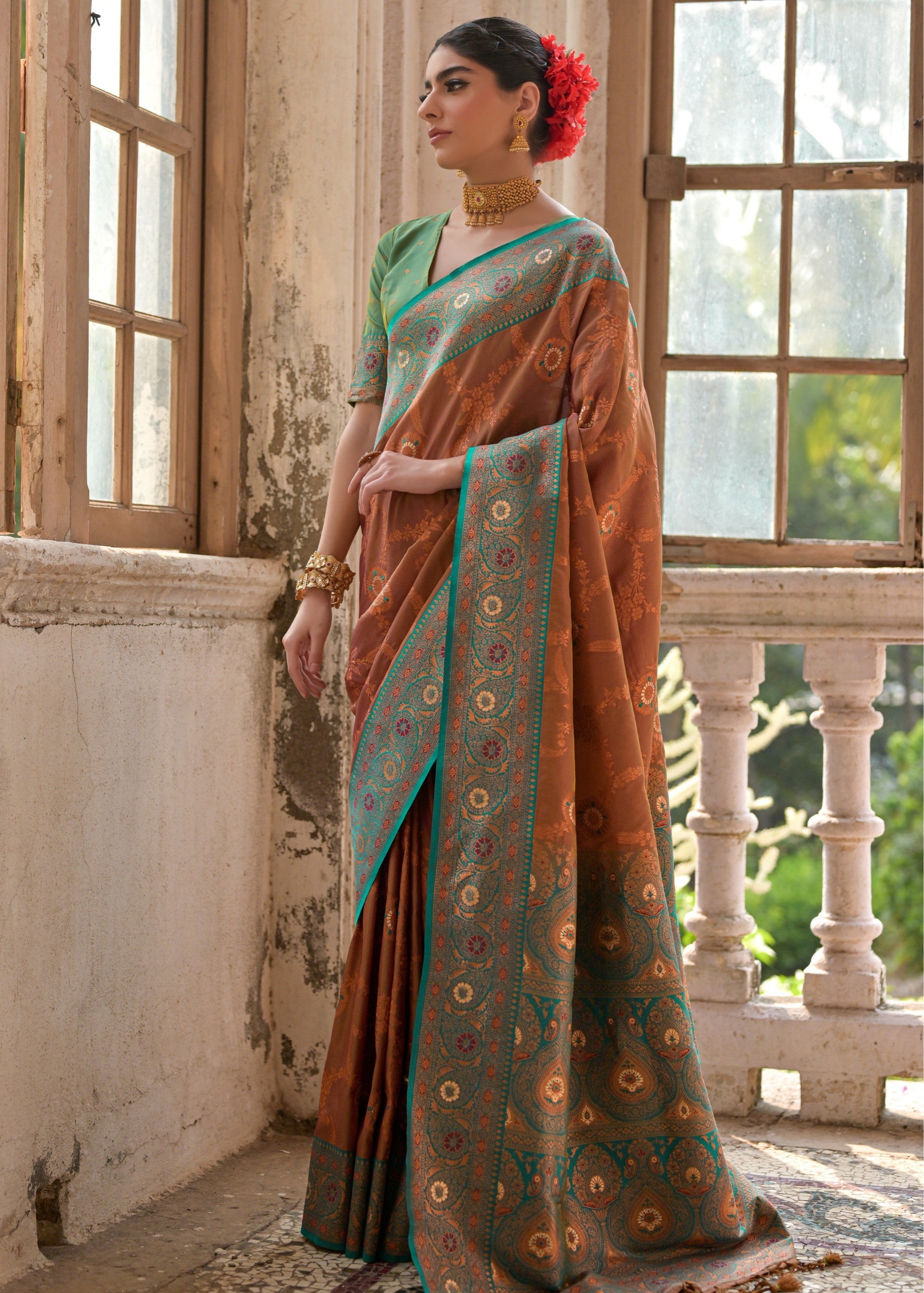 Coffee Brown All Over Flower Printed Zari Woven Banarasi Silk Saree With Contrast Pallu - qivii
